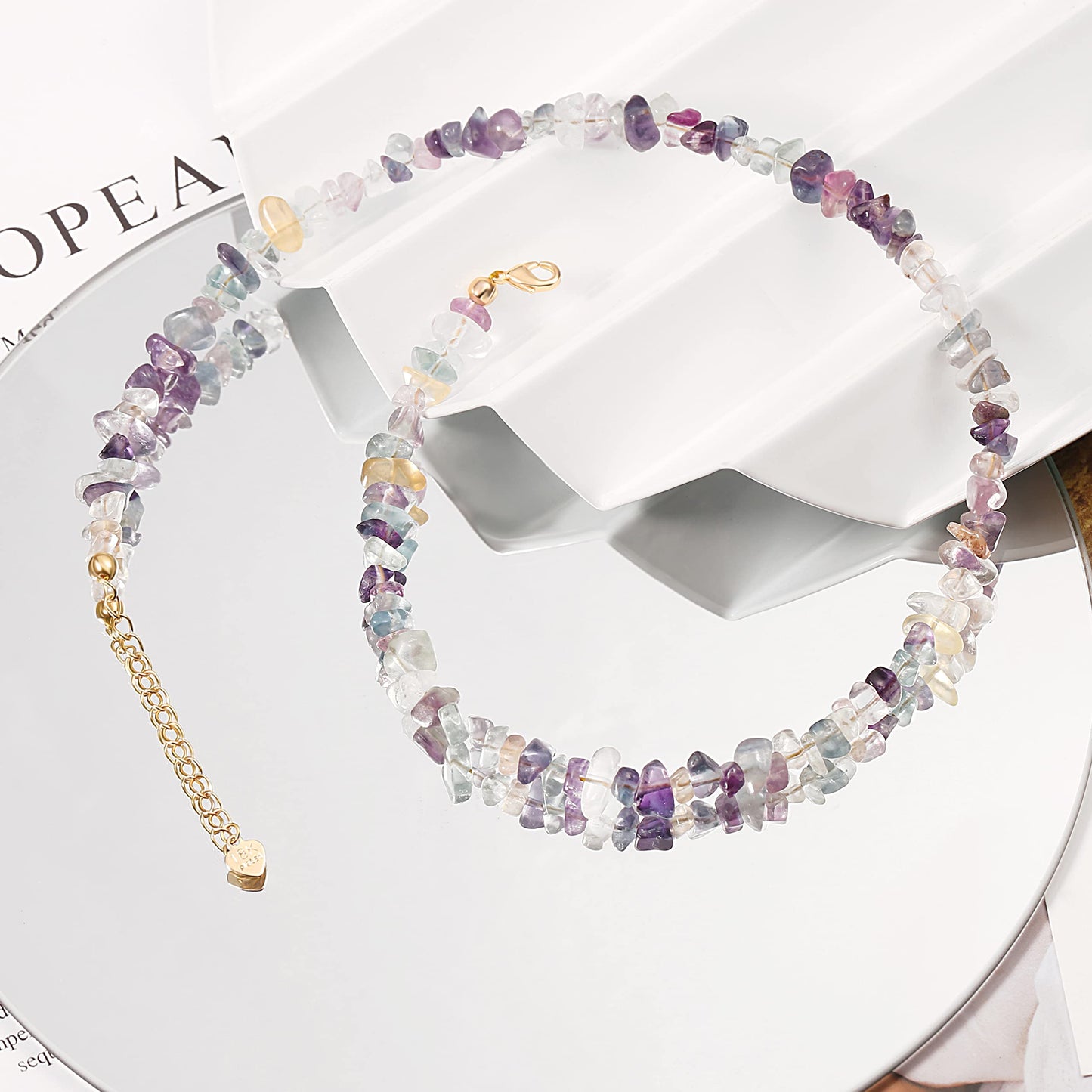 POTESSA Natural Chip Stone Choker Necklace Irregular Rainbow Fluorite Beads Healing Crystal Necklace for Women