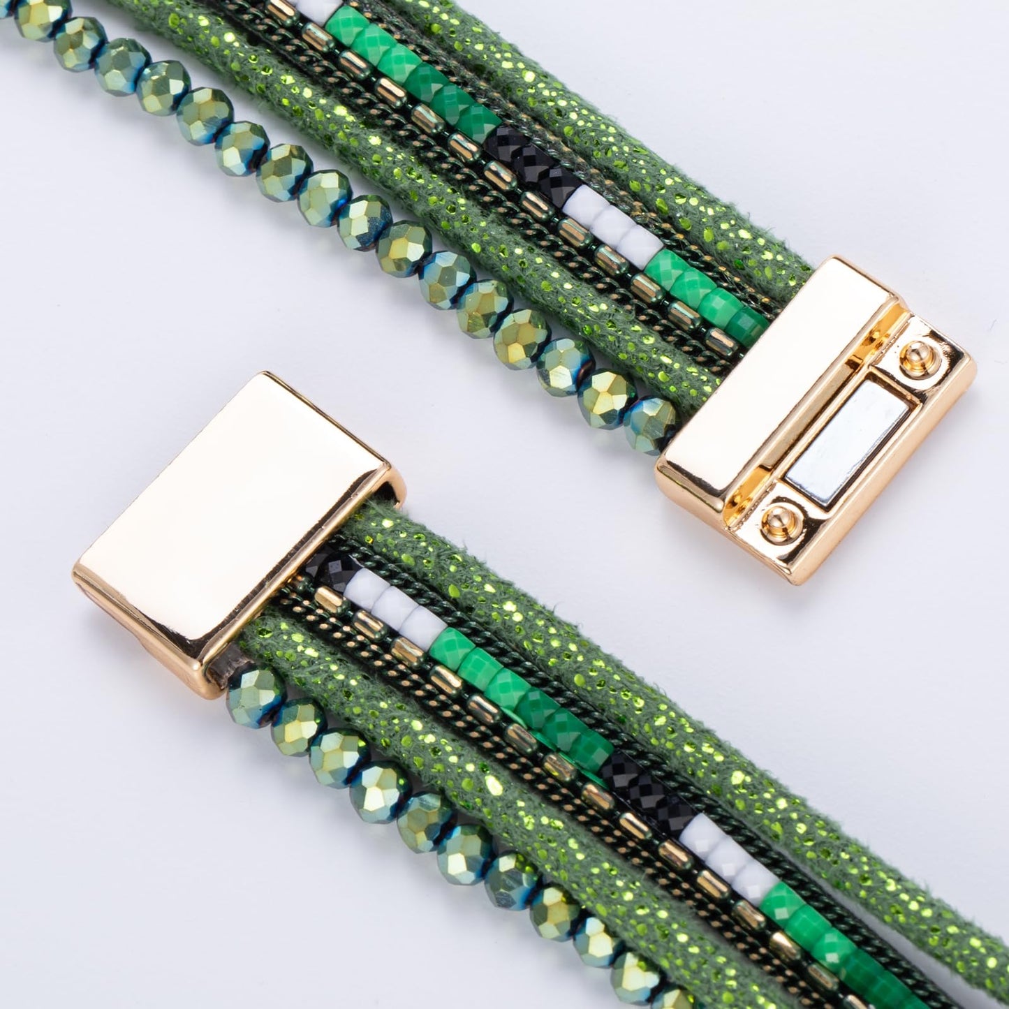 FANCY SHINY Leather Wrap Bracelets Crystal Beads Bracelet Boho Cuff Stone Charm Bracelets with Clasp Costume Jewelry for Women(Dark Green)