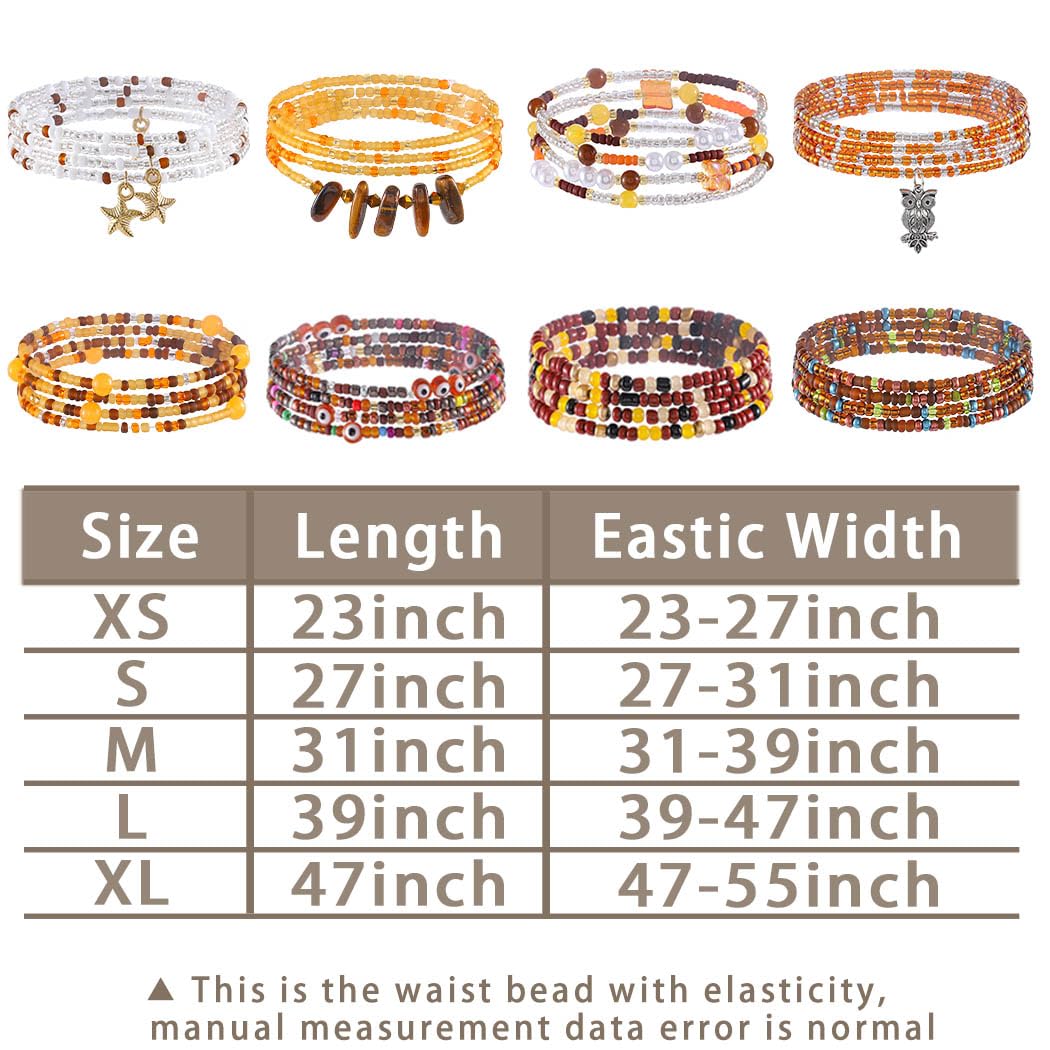 ELABEST 24-39inch African Waist Beads for Women 8Pcs Elastic Belly Beads Colorful Beaded Waist Jewelry Accessories Body Chain (Brown, 27.5inch/70cm)