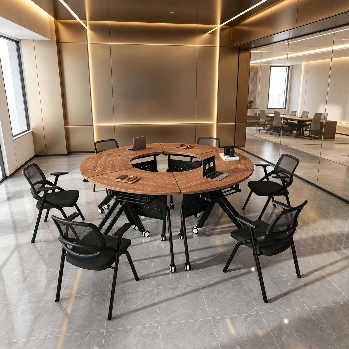 JFazzruit Folding Conference Table,Fan-Shaped Conference Room Tables with Wheels, Mobile Modular Seminar Meeting Desk for Classrooms,Office & Seminar (8, Fan-Walnut)