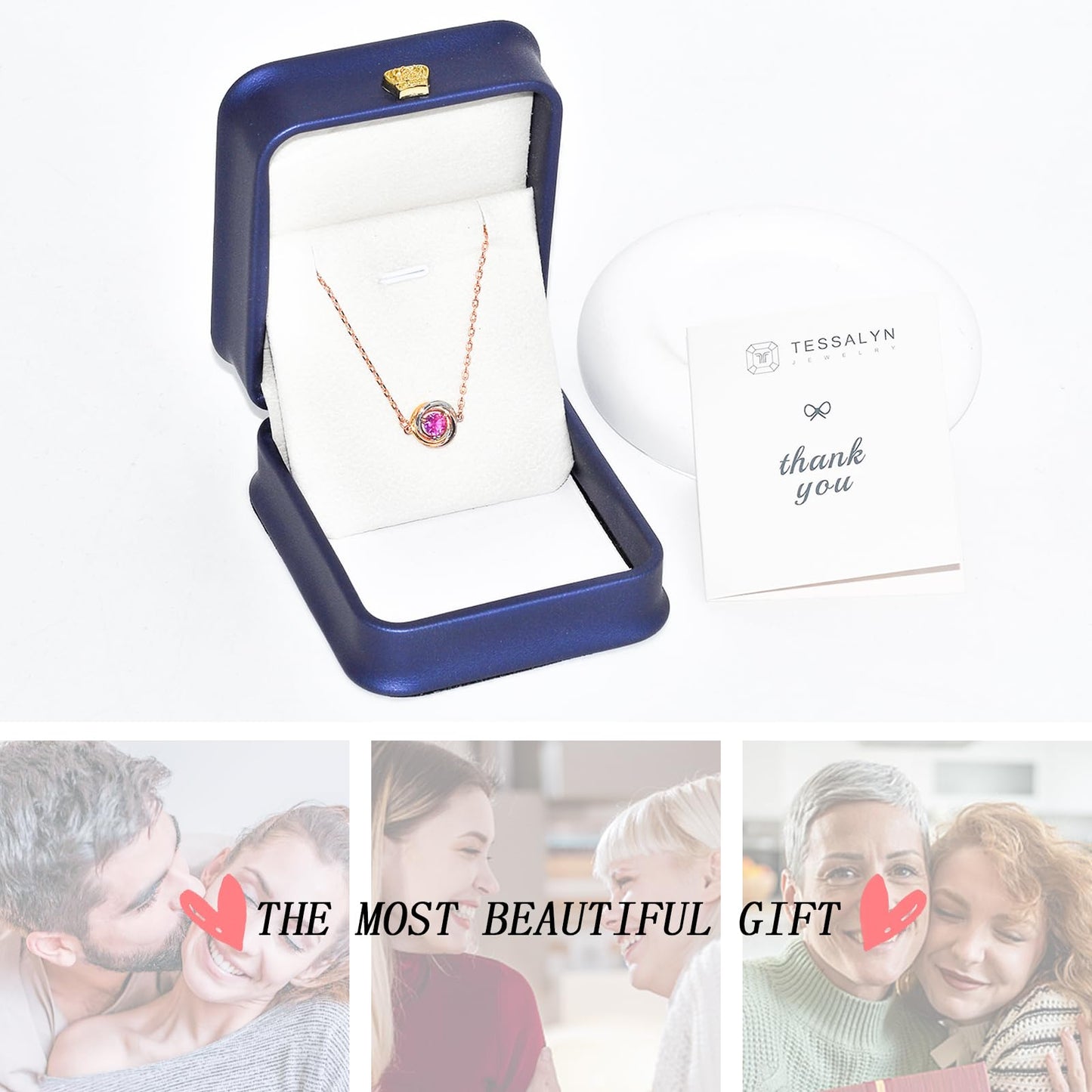 Tessalyn Round Birthstone Necklace, 18K Gold Plated Zircon Necklace Elegant Tri-Color Jewelry Valentines Day Gifts for Her