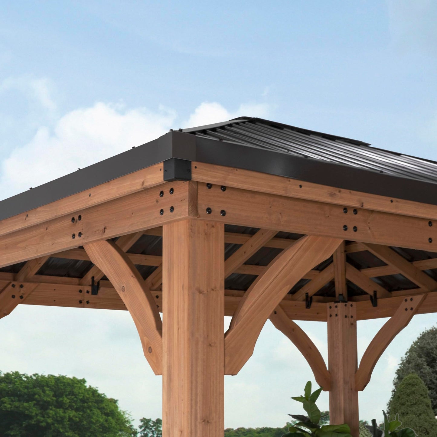Backyard Discovery Barrington 10' x 10' Cedar Wood Outdoor Gazebo Pavilion with Hardtop Galvanized Steel Hip Roof, Snow Support, Wind Resistance, PowerPort, Shade for Garden, Patio, Deck, Entertaining