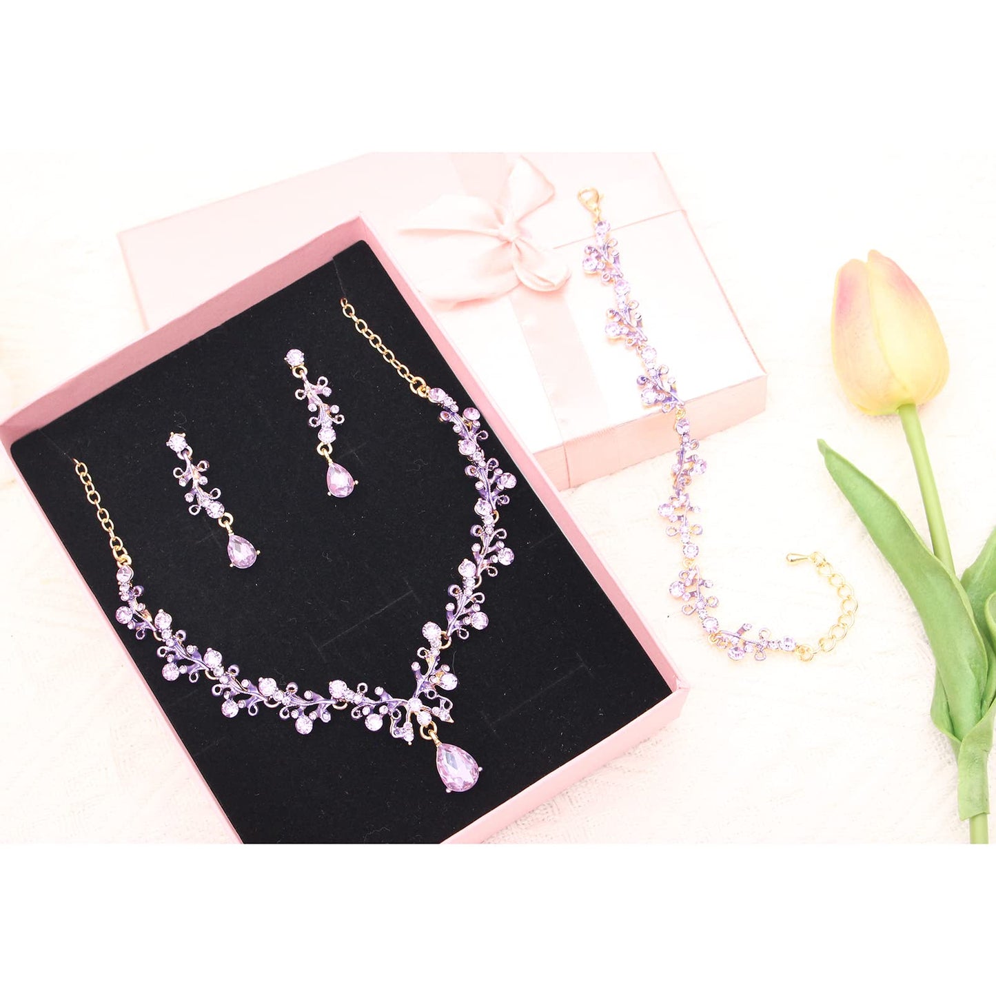 3Pcs Austrian Crystal Jewelry Set for Women, Necklace Dangle Earrings Link Bracelet Jewelry Set with Gold/Platinum/Gun Plated, Wedding Party Jewelry for Bridal Bridesmaid (Violet-Gold Plated)