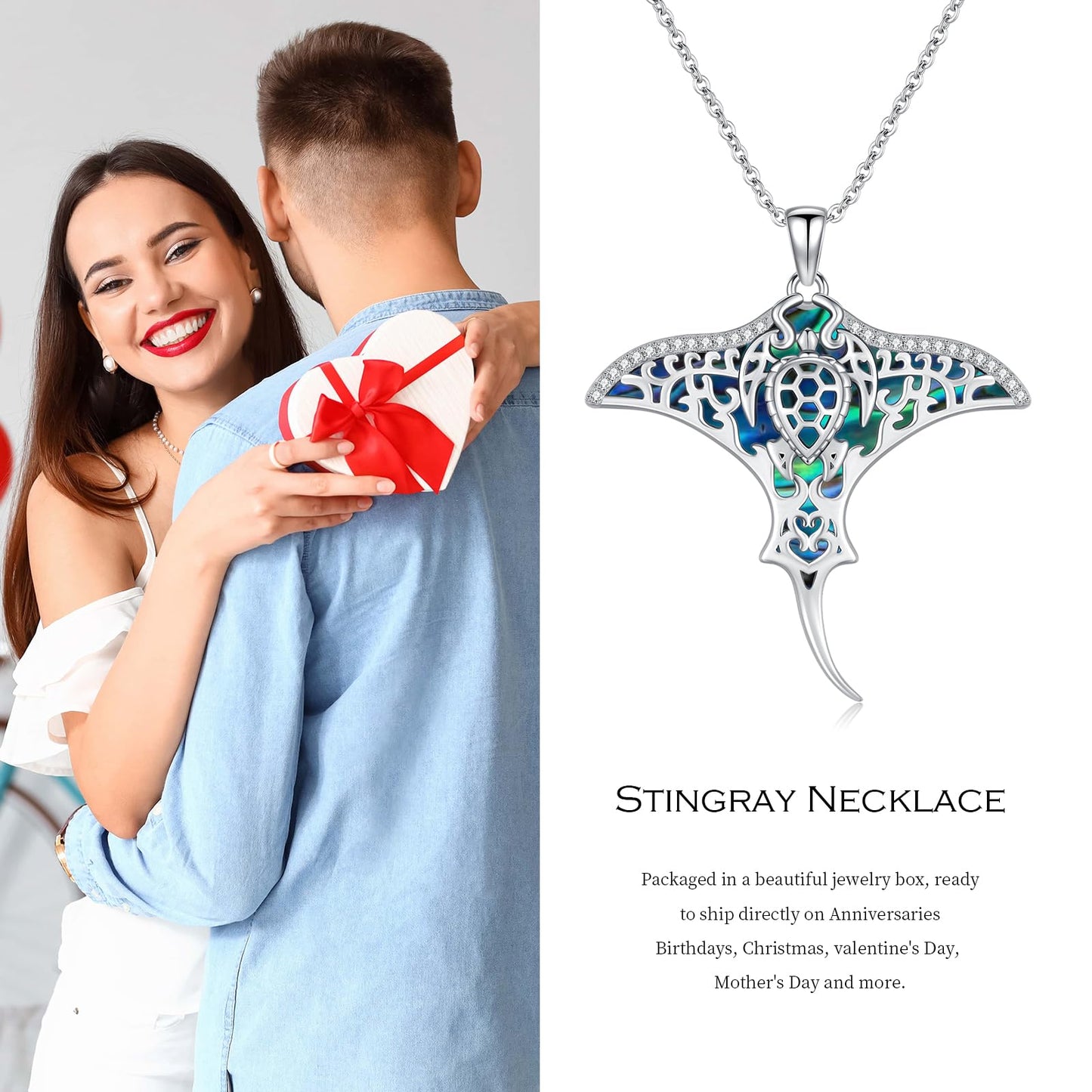 Midir&Etain 925 Sterling Silver Sea Turtle Stingray Necklace Manta Ray Pendant Ocean Jewelry Gift for Women Stingray Lovers