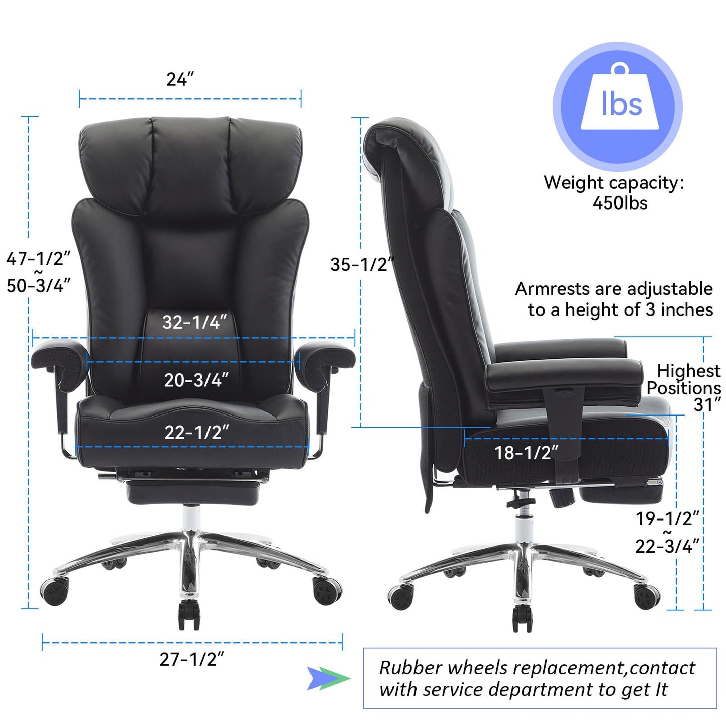 Efomao Big and Tall Office Chair 400 lbs Capacity, Oversized Executive Desk Chair with Footrest, Extra Wide 23" Seat, High Back Ergonomic PU Leather Home Office Chair, Black