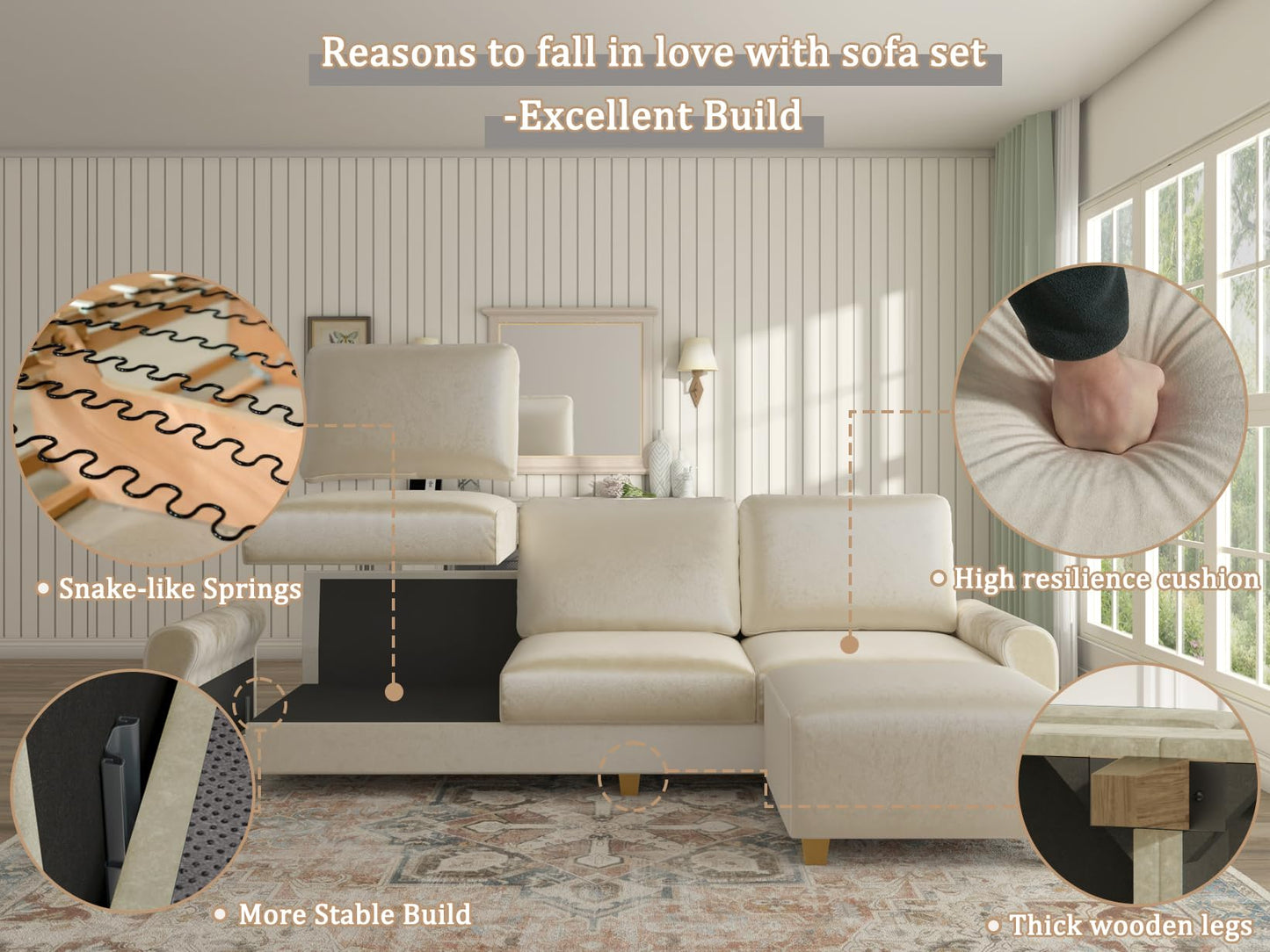 EASE MOOSE Large Seat Velvet L-Shaped Sofa, Soft 4 Seat Couch with Reversible Chaise, Comfy Sectional Modular Sofa with Removable Washable Covers for Living Room and Small Space, Beige