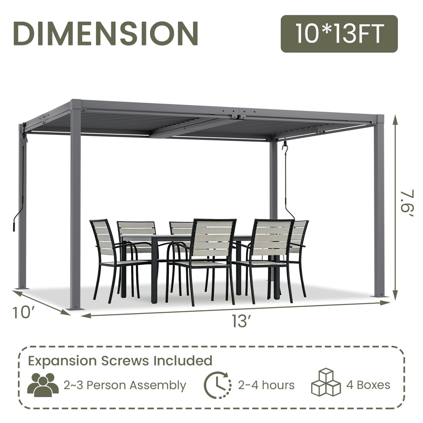 SAILARY Louvered Pergola 10' x 13', Outdoor Aluminum Pergola with Reinforced Steel Roof, Heavy-Duty Hardtop Gazebo for Patio Deck, Weatherproof Sun Shade Shelter, Grey