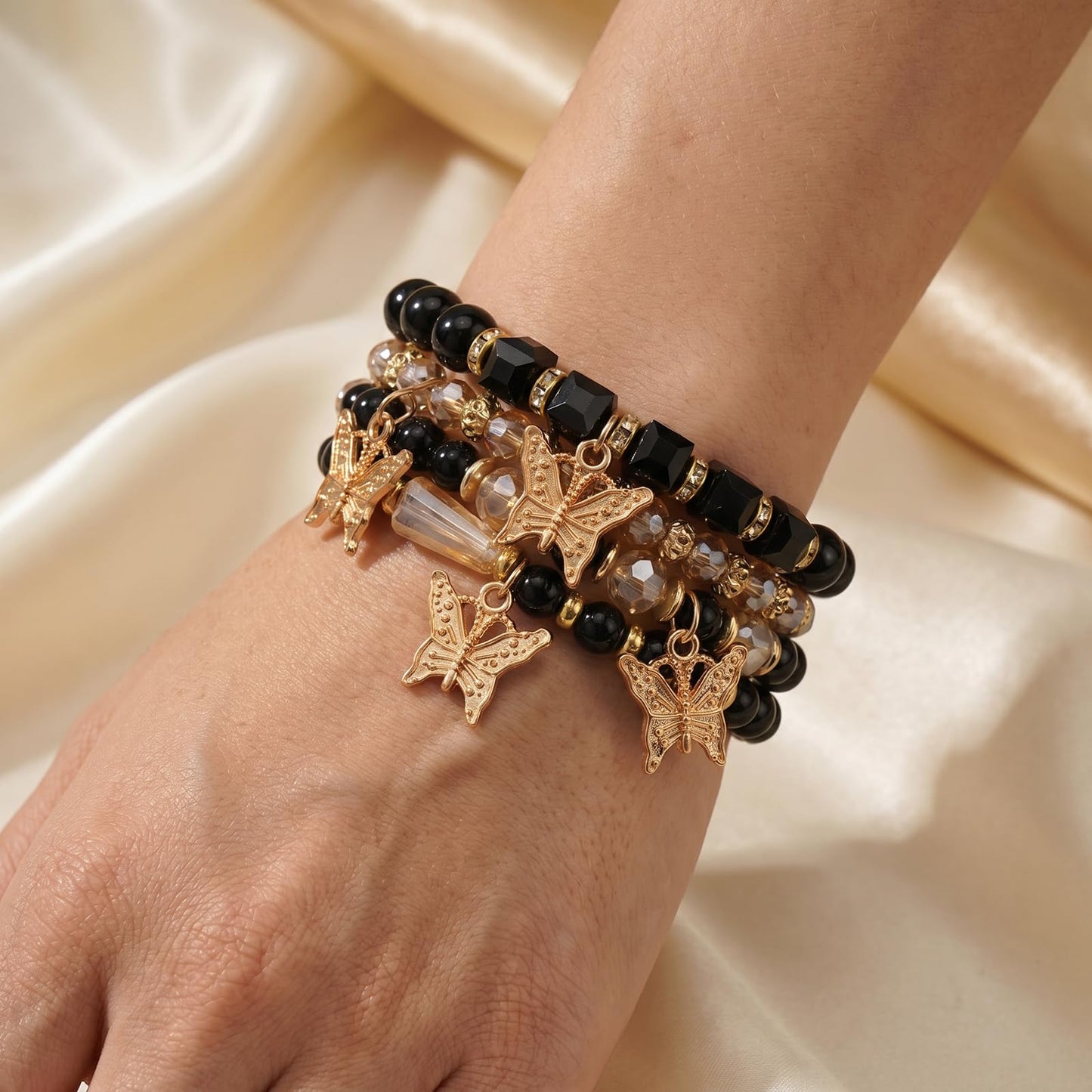Briutn Black Gold Butterfly Stackable Beaded Bracelet Set Boho Stretch Bracelets Jewelry Gift for Women