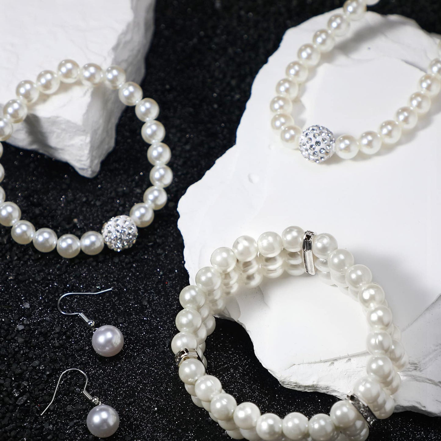 Glenmal Pearl Rhinestone Jewelry Set for Women Pearl Necklace Bracelet Earrings for Wedding Birthday Bridal Shower Tea Party(5 Pcs,Elegant Style)