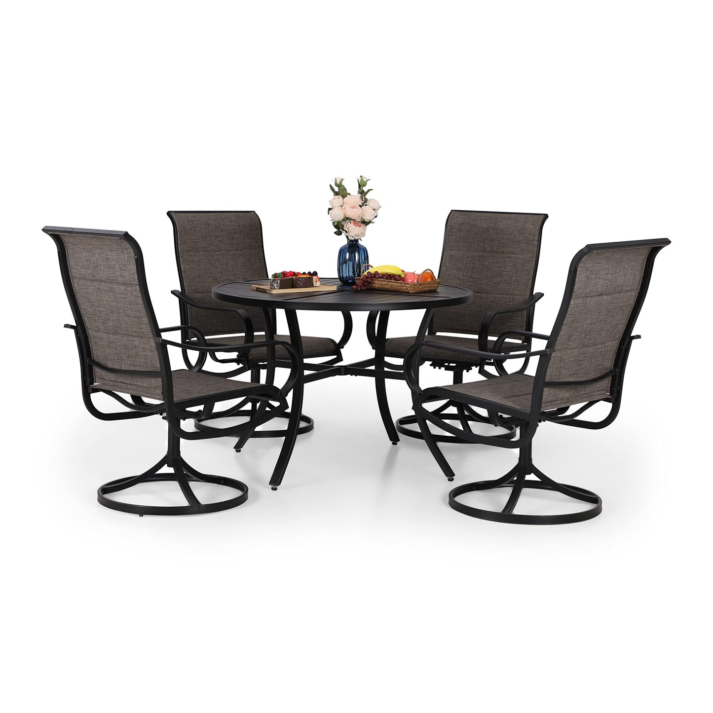 PHI VILLA Outdoor Patio Dining Set 5 Piece with 4 Padded Swivel Dining Chairs & 1 Large Round Dining Table, Textilene Mesh Fabric Chair and 42" Metal Table for All Weather