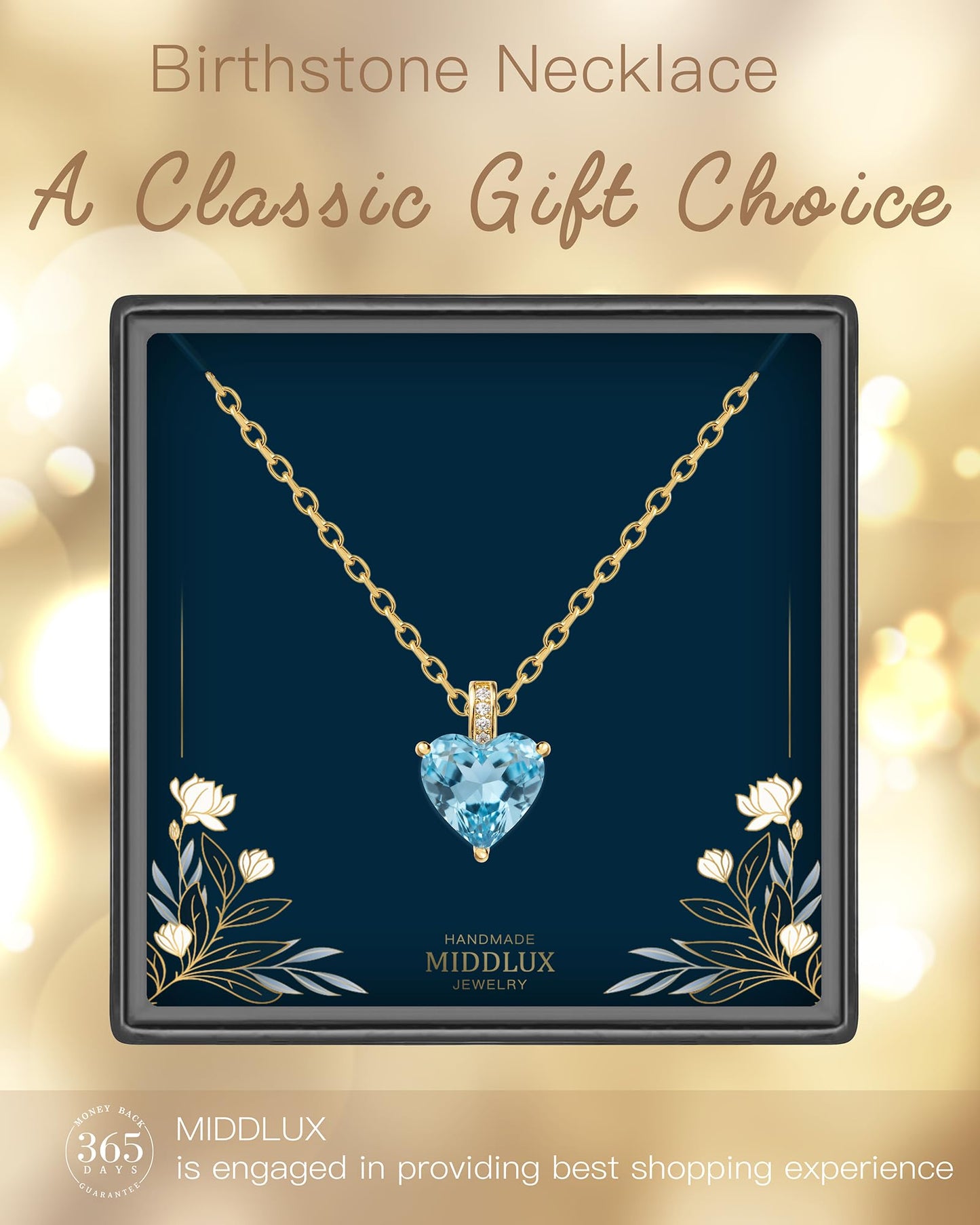 MIDDLUX Gold Heart Necklace, Charm Necklace, March Birthstone Jewelry, Aquamarine Necklace, March Birthday Gifts for Women, Birthstone Necklaces