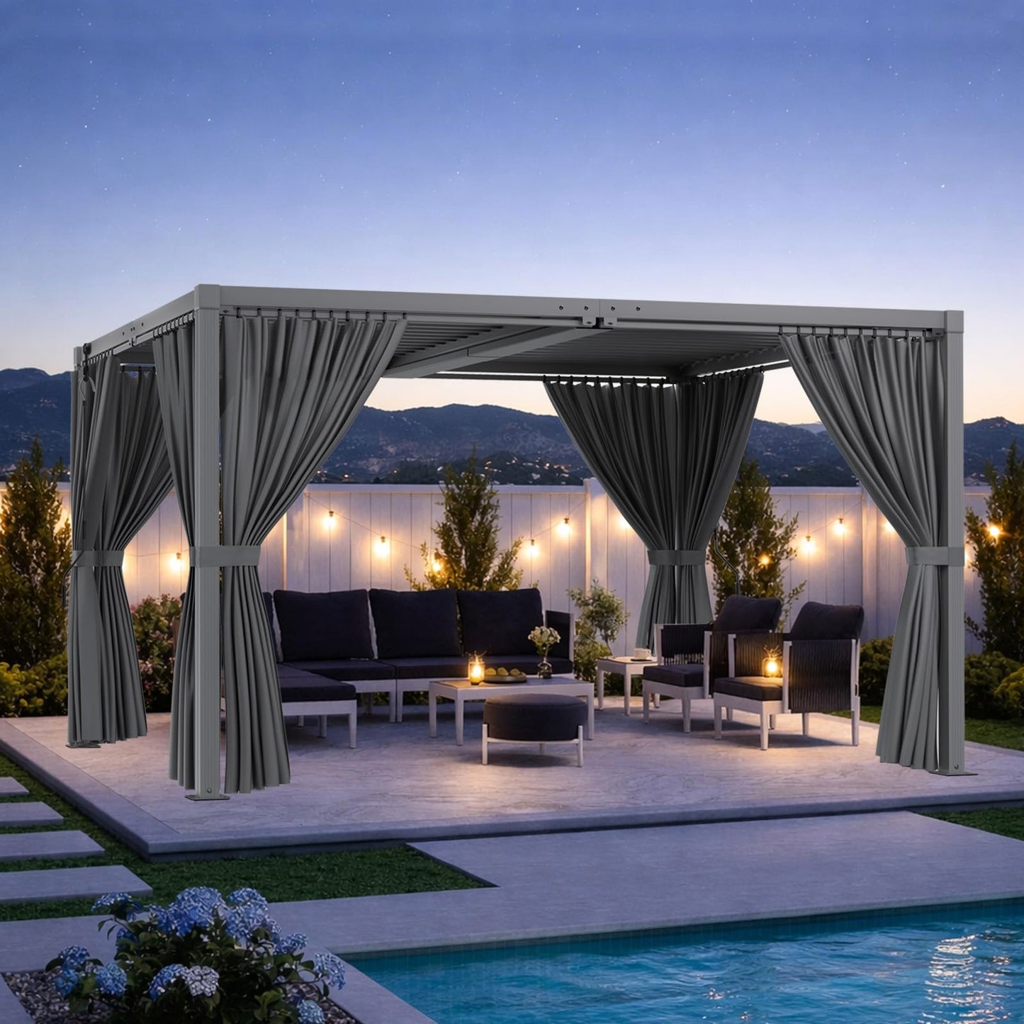 SAILARY Louvered Pergola 10' x 13' with Waterproof Curtains, Outdoor Aluminum Pergola with Reinforced Steel Roof, Heavy-Duty Hardtop Gazebo, Privacy Privacy Shaded Shelter, Grey