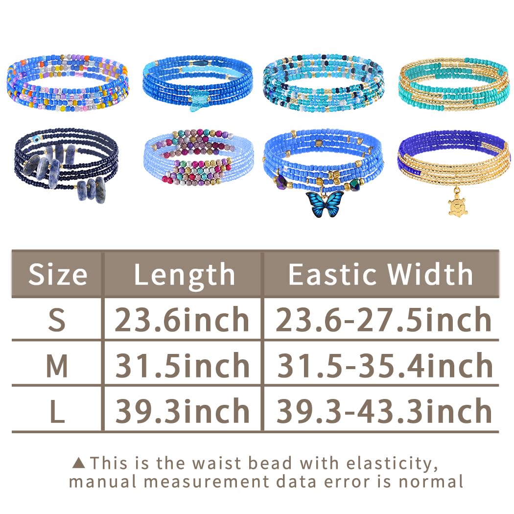 ELABEST 24-39inch African Waist Beads for Women 8Pcs Elastic Belly Beads Colorful Beaded Waist Jewelry Accessories Body Chain (Blue, 31.5inch/80cm)