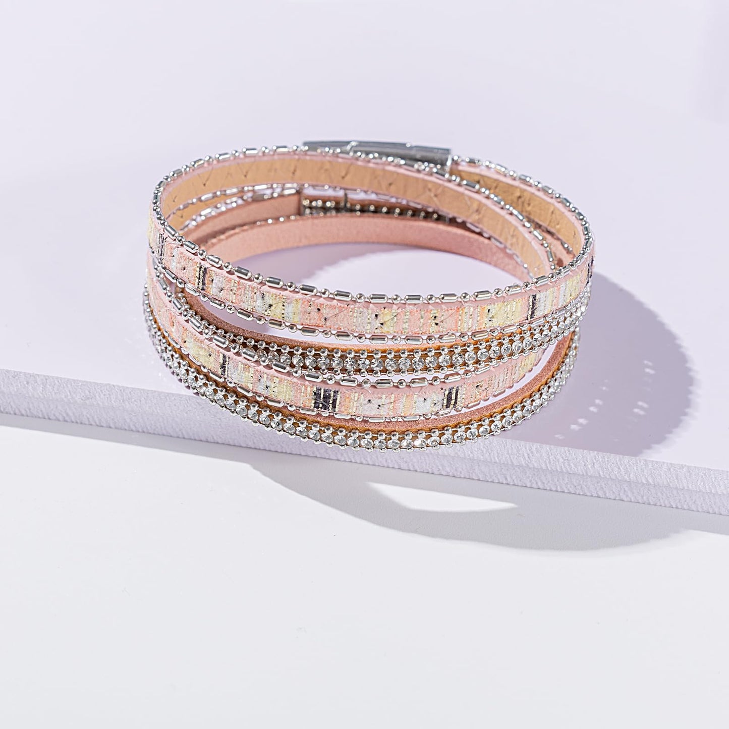 FANCY SHINY Boho Leather Wrap Bracelet Stackable Crystal Rhinestone Bangle Cuff with Magnetic Clasp Trendy Bohemian Jewelry for Women(Pink)