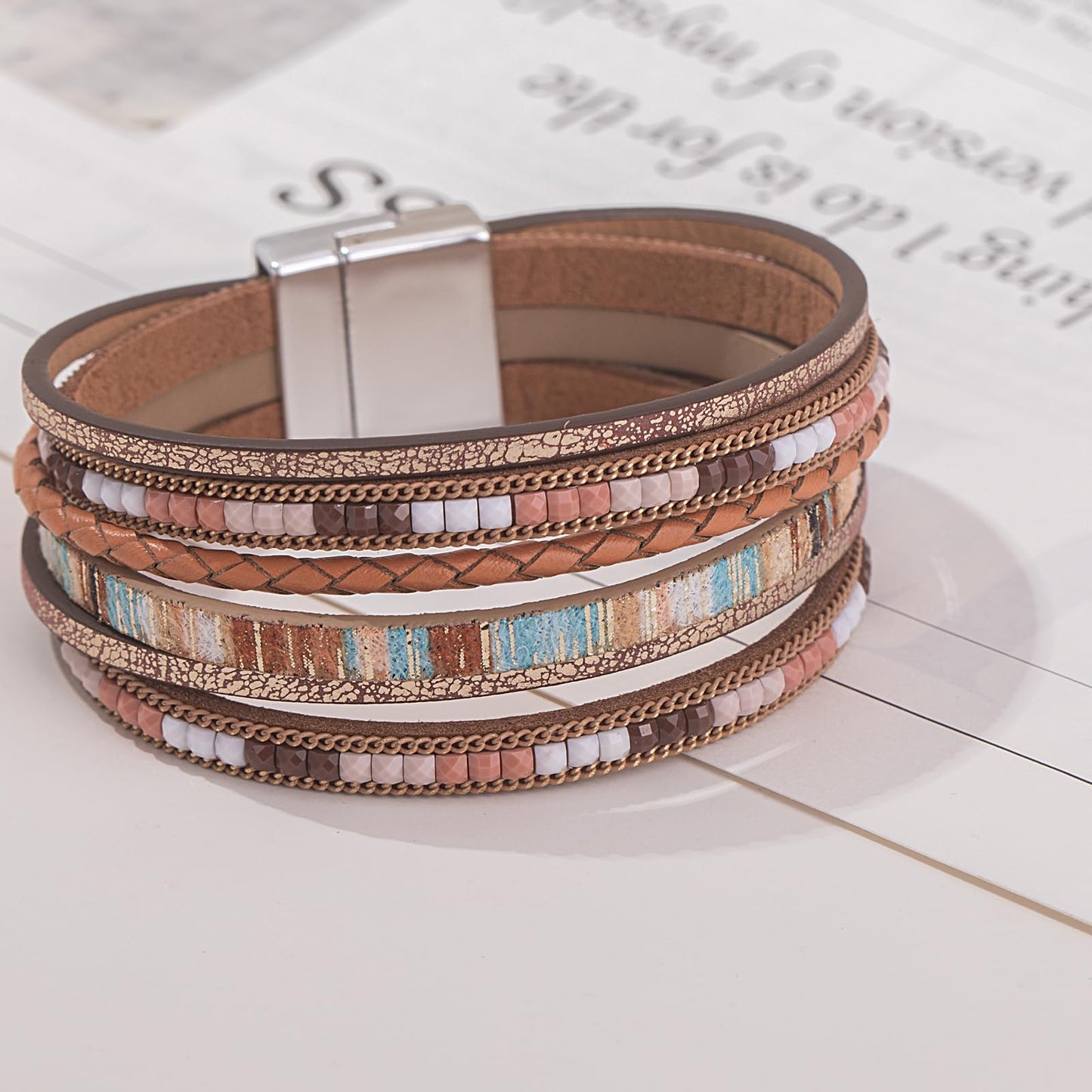 FANCY SHINY Boho Leather Wrap Bracelets Trendy Layered Bracelets with Magnetic Clasp Strackable Bohemian Cuff Jewelry Gifts for Women(Brown)