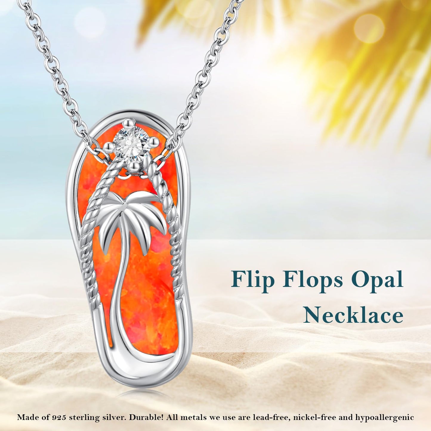Midir&Etain Fire Opal Flip Flop Necklace 925 Sterling Silver Beach Palm Tree Pendant Hawaiian Necklace Flip-Flop Beachy Fire Opal Jewelry for Women