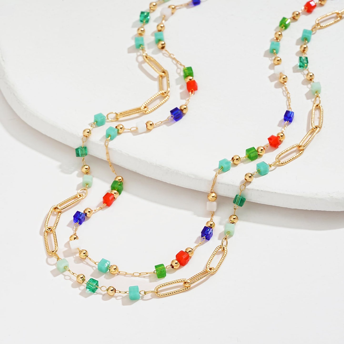 MTMY Beaded Necklaces for Women 14K Gold Plated Dainty Colorful Green/Rose Beaded Pearl Choker Necklace Delicate Boho Jewelry Gift (Layer-mix color)