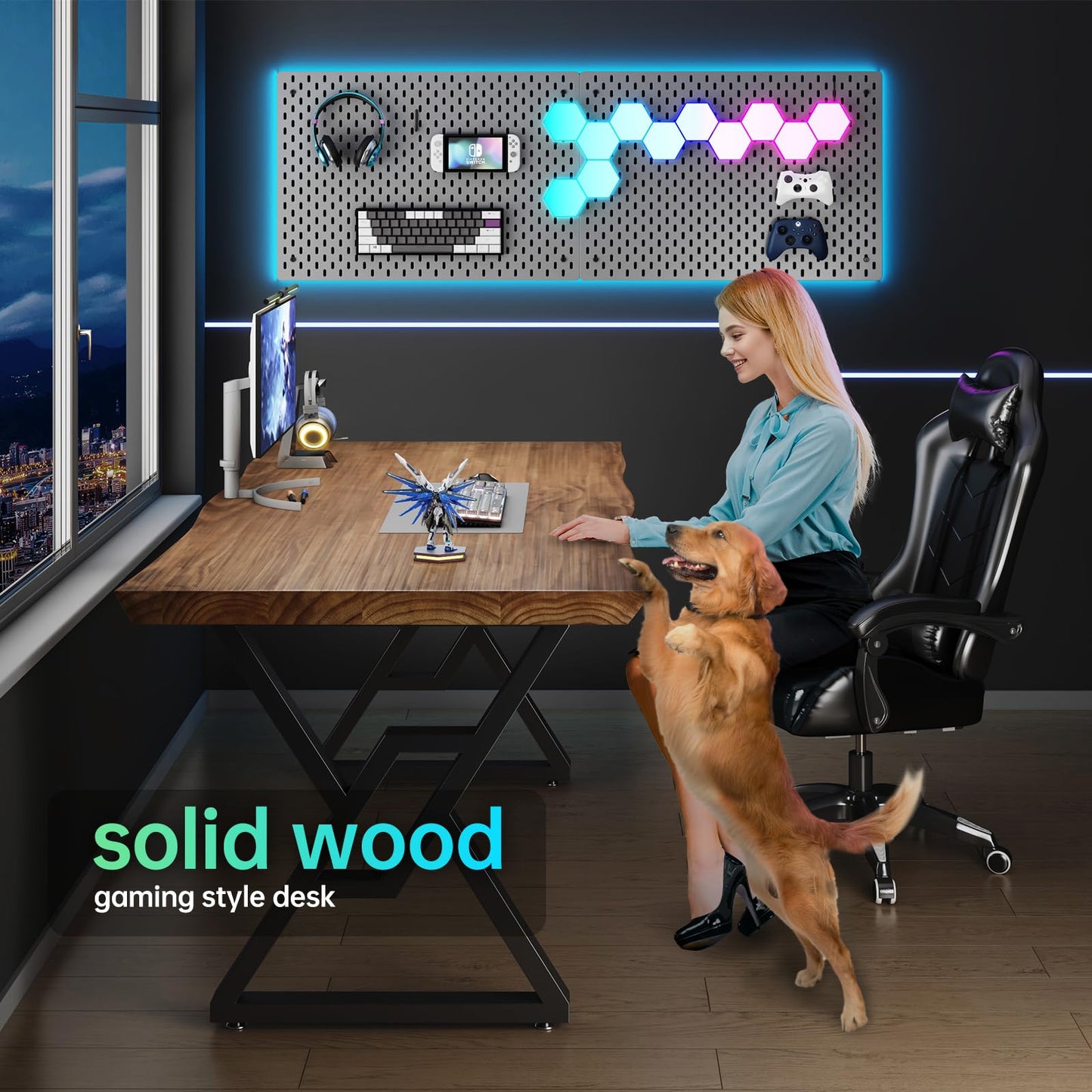 jmzx store Solid Wood Rustic Style 55.1-inch Computer Desk - Large Office Desk for Home Office, Modern and Simple Design, Ideal for Dining,Study, Writing (Black-w, 55.12 * 27.56 * 29.53)
