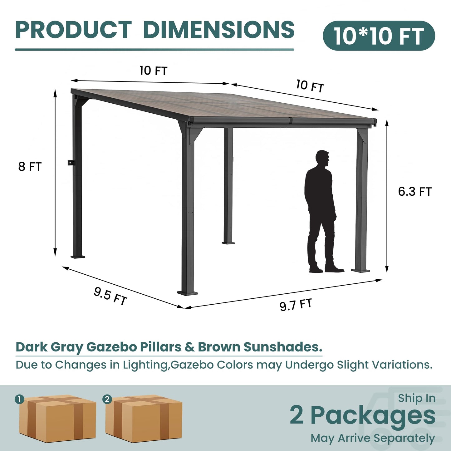 Patiopia 10 * 10FT Pergola,4 * 4 Inch Thickened Pillars & Enlarged Base,Outdoor Hardtop Lean to Gazebo,Wall Mounted Pergola,Pergolas Gazebos Clearance,Aluminum Frame Pergola,UV Resistant Patio Roof