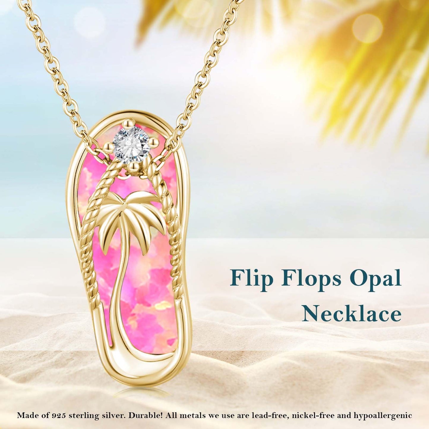 Midir&Etain Pink Opal Flip Flop Necklace 925 Sterling Silver 14K Gold Plated Palm Tree Pendant Beach Necklace Flip Flop Opal Jewelry for Women