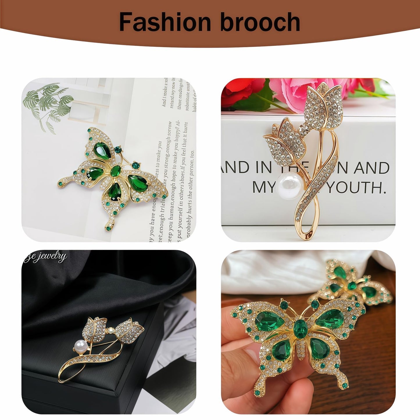Yaximhozz 2pcs Rhinestone Brooch Pin for Women Dress Elegant Stylish Crystal Brooches Fashion Accessories Pins Lapel Boutonniere Ideas Wedding Christmas Birthday Jewelry Easter Gift (13 Green Butterfly/Gold)