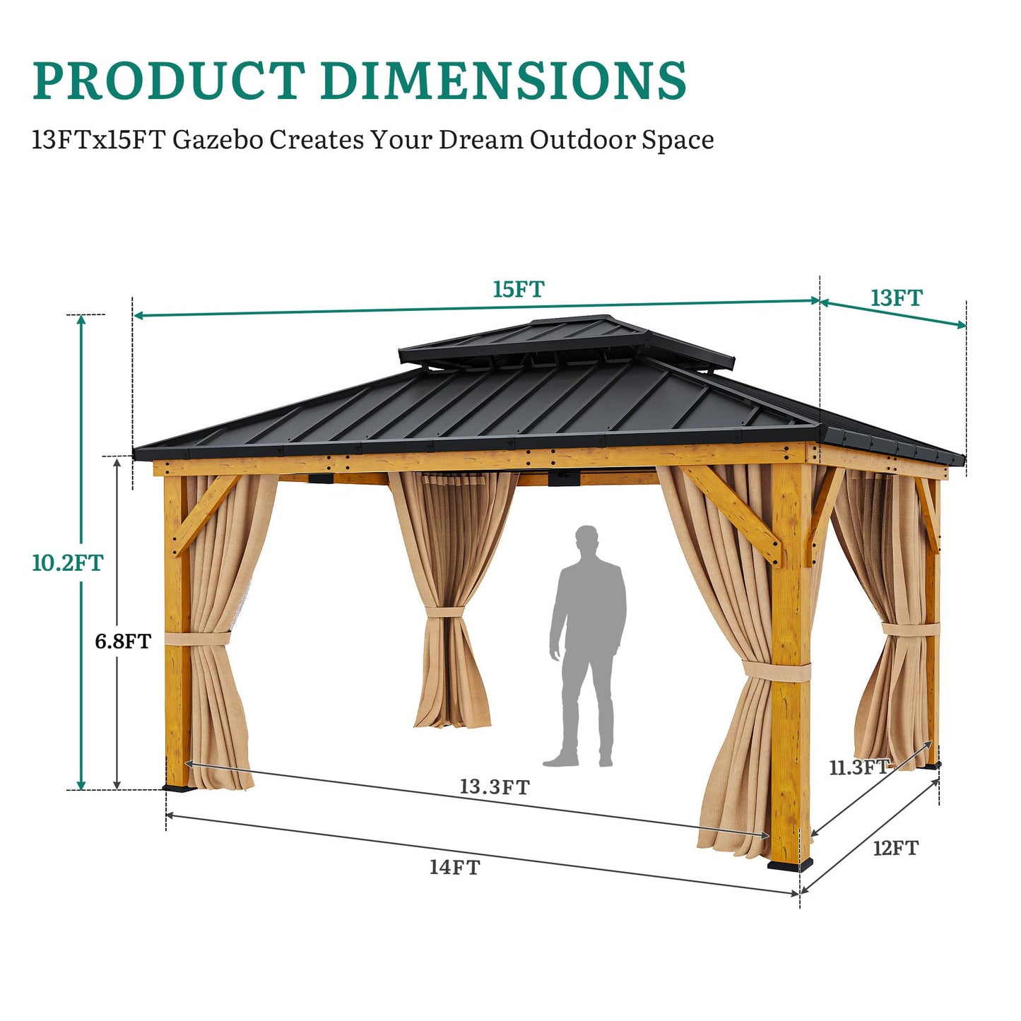 YITAHOME 13x15ft Wood Gazebo Outdoor Wooden Frame Double Roof Hardtop Galvanized Steel Top Canopy w/Curtain and Netting, Patio Heavy Duty Gazebo for Deck, Backyard, Beige Yellow