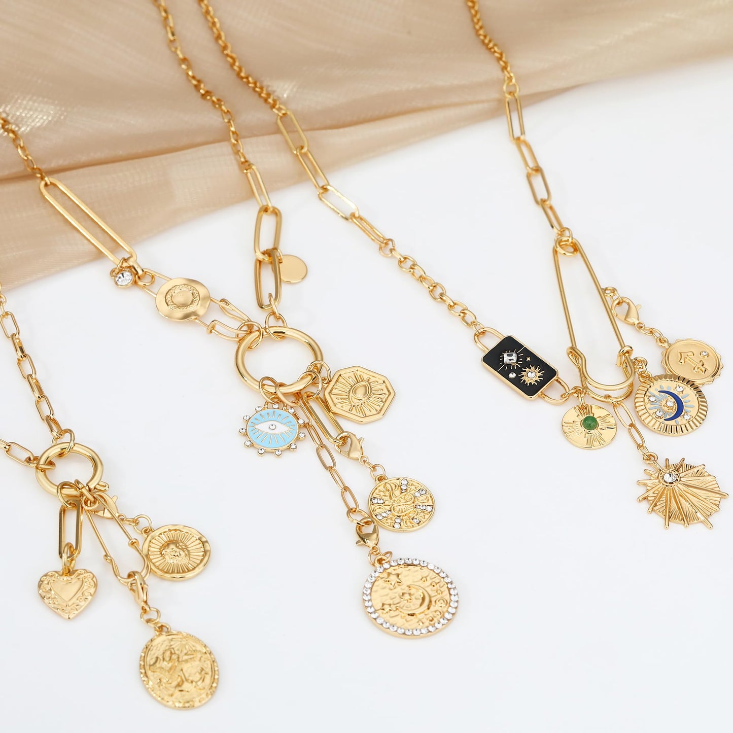 BONJOULRY Charm Necklace for Women Gold Safety Pin Necklace Sun Moon Star Coin Celestial Tarot Card Magic Charms Dainty Paperclip Chain DIY Pendant Choker Necklace Amulet Jewelry Gifts Enamel