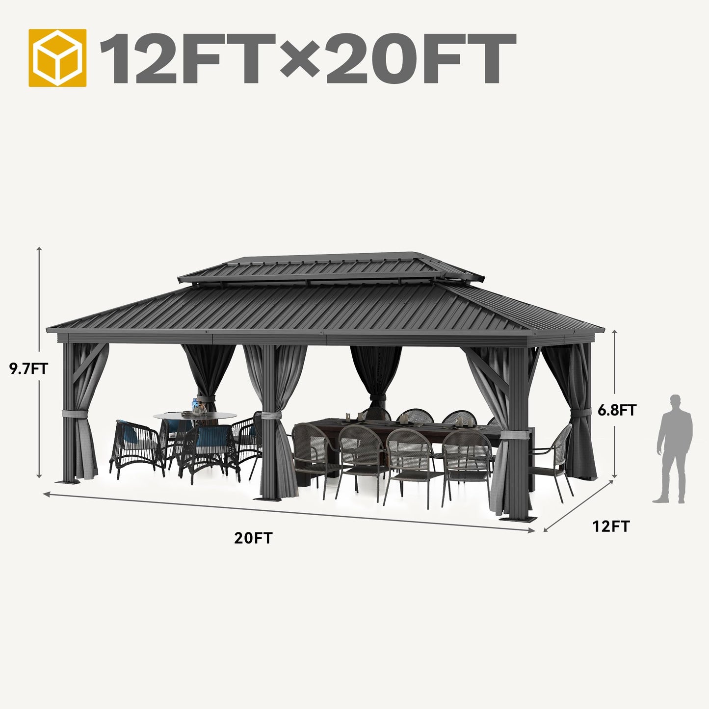 DWVO 12x20ft Hardtop Gazebo Double Roof with Nettings and Curtains, Heavy Duty Galvanized Steel Outdoor Vertical Stripes Roof for Patio, Backyard, Deck, Lawns, Gray