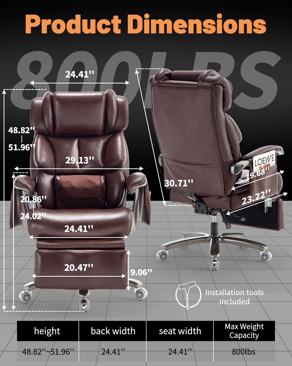 800LBS Massage Office Chair with Foot Rest & 8 Points Vibration Heat for Heavy People,Big and Tall Ergonomic Executive Reclining Desk Chairs for Home Office Managerial Use (Brown (Wheel Upgrade))