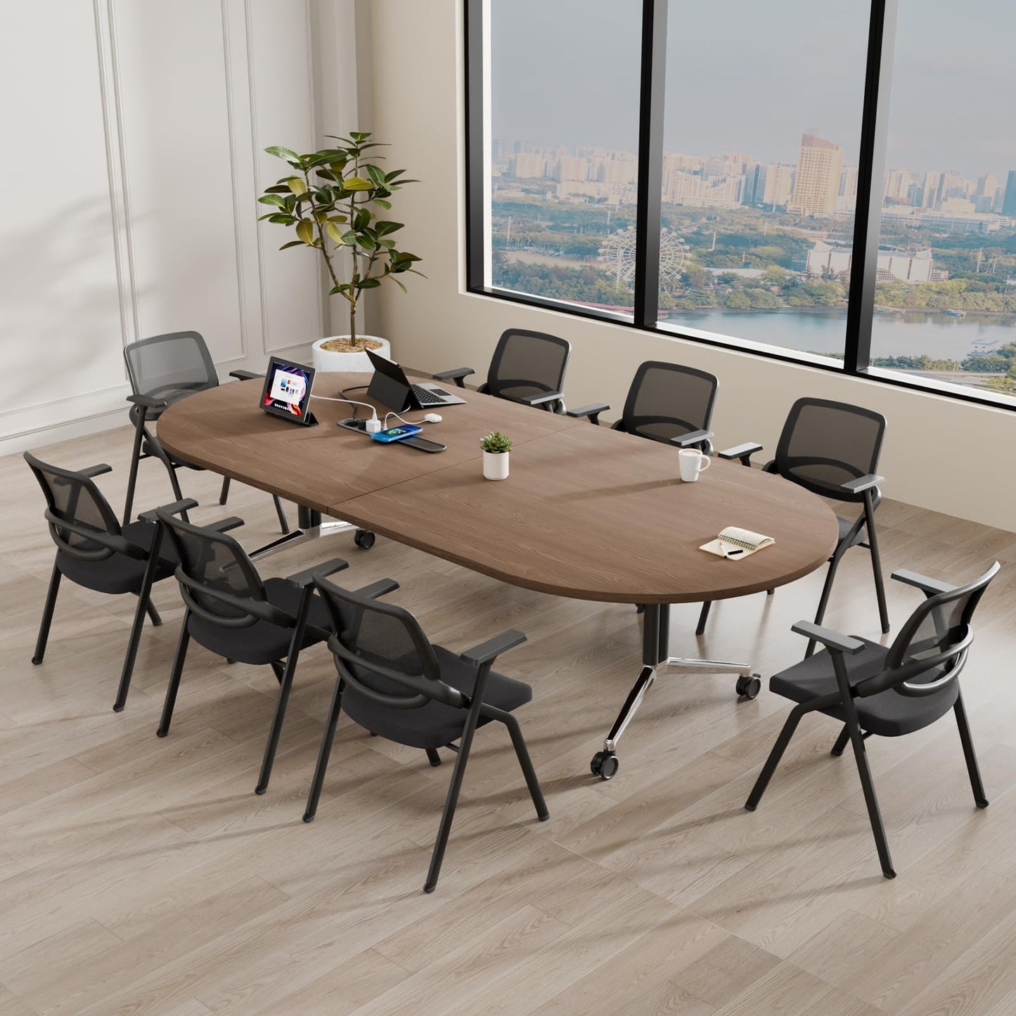8 FT Large Folding Conference Table, Oval Training Seminar Tables for 8-10 People,Built-in Wireless Charger and Power Box,Metal Legs Rolling Training Table for Office (1, Walnut, 94.5"L×47.2"W×29.5"H)