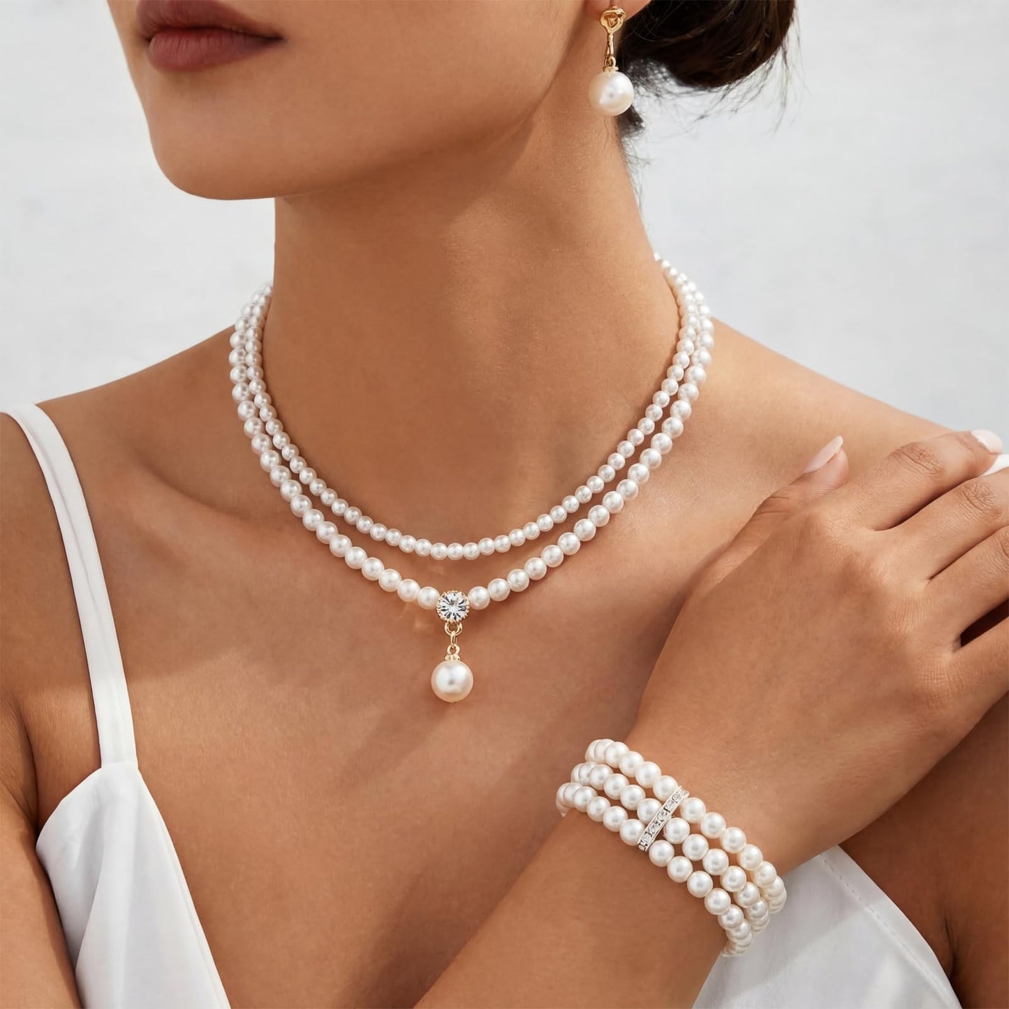 Glenmal Pearl Rhinestone Jewelry Set for Women Pearl Necklace Bracelet Earrings for Wedding Birthday Bridal Shower Tea Party (10 Pcs,Polished Style)