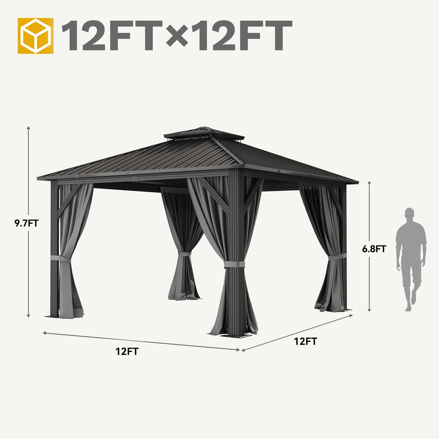 DWVO 12x12ft Metal Gazebo Hardtop Double Roof Canopy Outdoor Gazebo Galvanized Roof with Netting and Curtain Garden Tent for Patio, Backyard and Deck