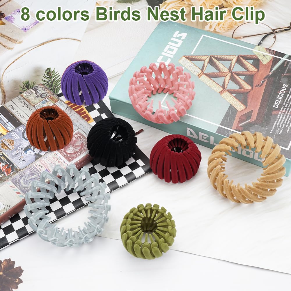 Aokid 8PCS Birds Nest Hair Clips - Expandable Hair Bun Maker Hair Accessories for Women Ponytail Holder Hair Bun Clip for Thin Thick Fine Curly Hair, Plastic Hair Barrettes Hair Scrunchies