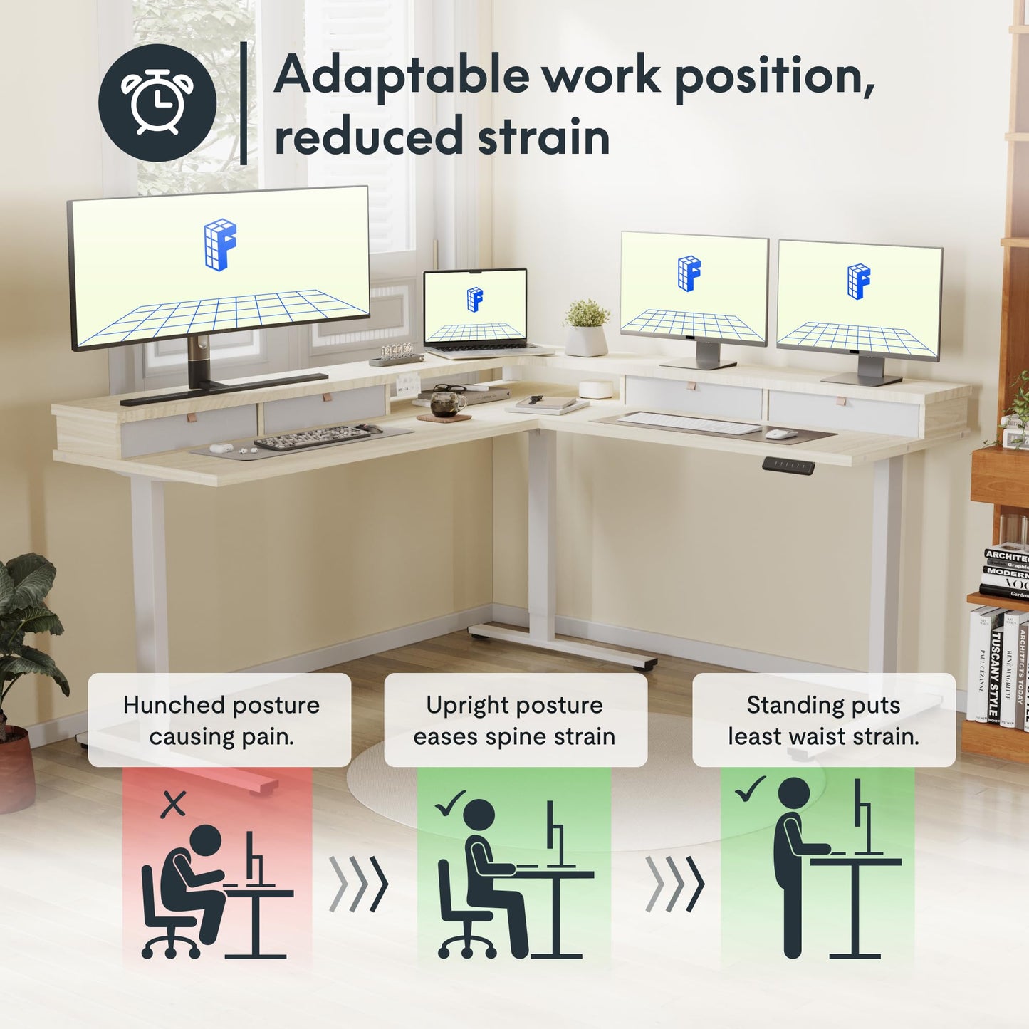 FLEXISPOT 63" L Shaped Standing Desk with Shelf Electric Corner Table, Drawers, Adjustable Computer Workstation for Home, Office, 63x55in, Light Maple Top + White Frame