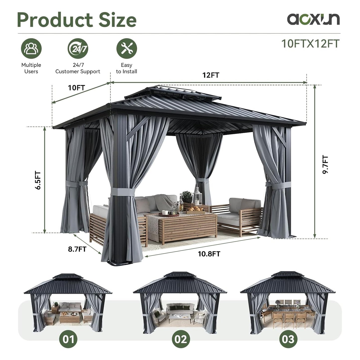 Aoxun 10x12 Gazebo Hardtop Gazebo with Double Galvanized Steel Roof Outdoor Pavilion with Breathable Netting and Privacy Curtain for Backyard (Gray)