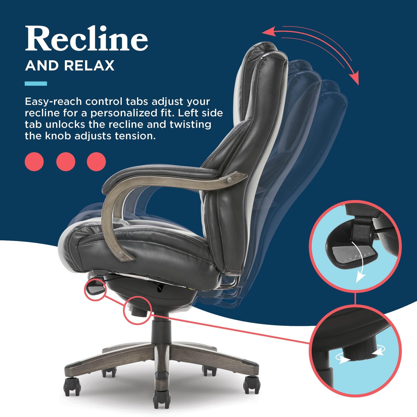 La-Z-Boy Delano Big and Tall Executive Office Chair - Ergonomic Lumbar Support Memory Foam - Bonded Leather Desk Chair for Home Office - Weathered Grey Wood Arms - Black