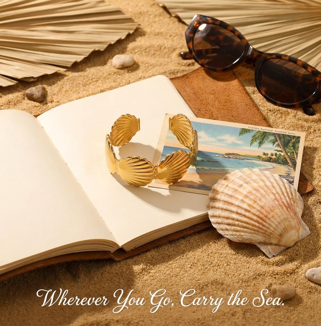 MystiGlimmer 18K Gold Seashell Adjustable Bracelet for Women – Waterproof, Tarnish‑Free, Hypoallergenic Cuff with Luxury Gift Box – Meaningful Gift for Her (Seashell)