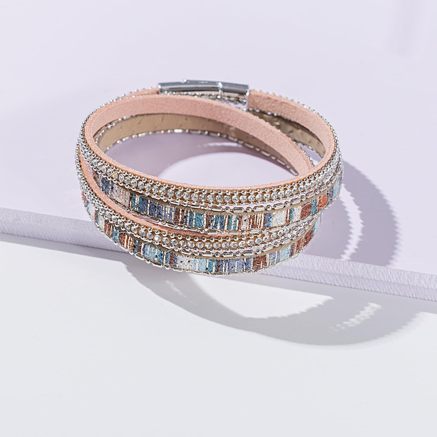 FANCY SHINY Boho Leather Wrap Bracelet Stackable Crystal Rhinestone Bangle Cuff with Magnetic Clasp Trendy Bohemian Jewelry for Women(Bronze)