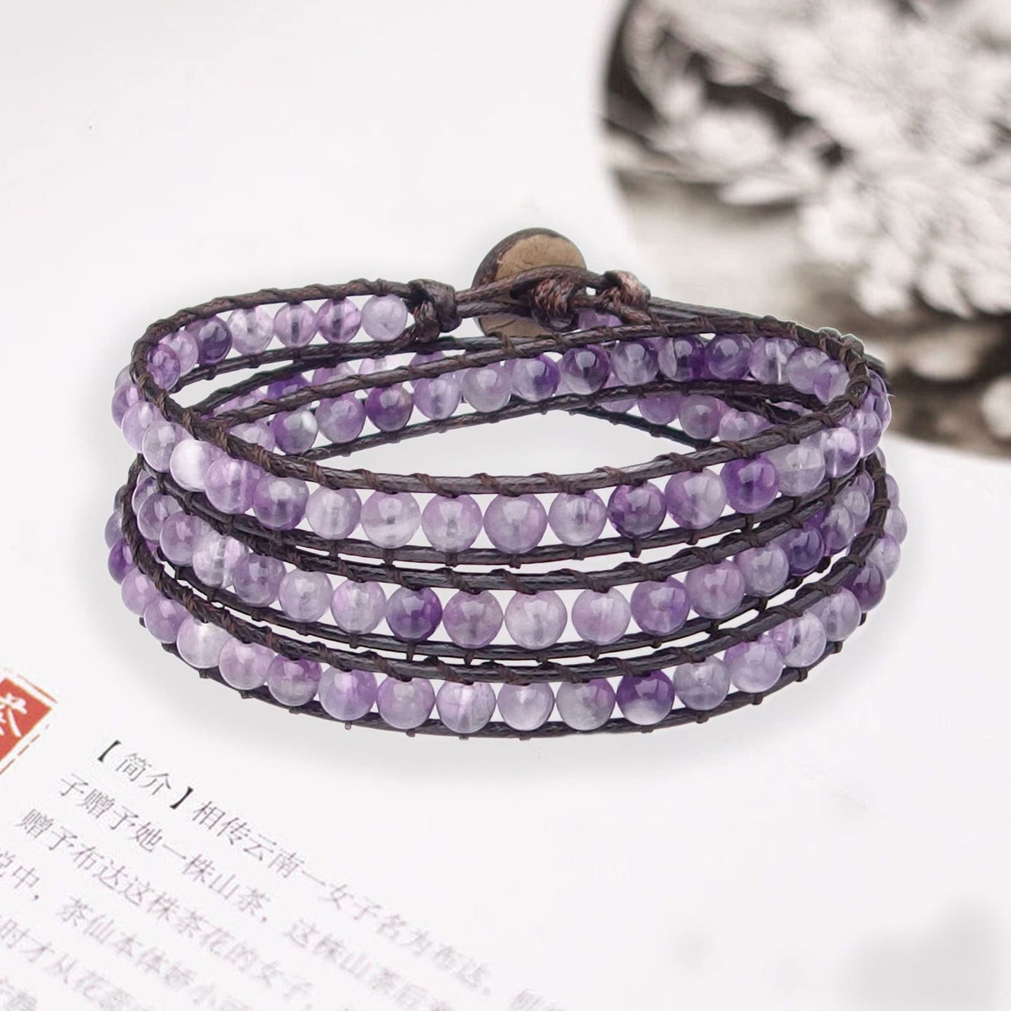 Ayriwoyi Wrap Bracelets for Women Amethyst Bracelet Healing Crystal Beaded Stone Bracelet Womens Wrap Bracelet Adjustable Leather Bracelets For Women