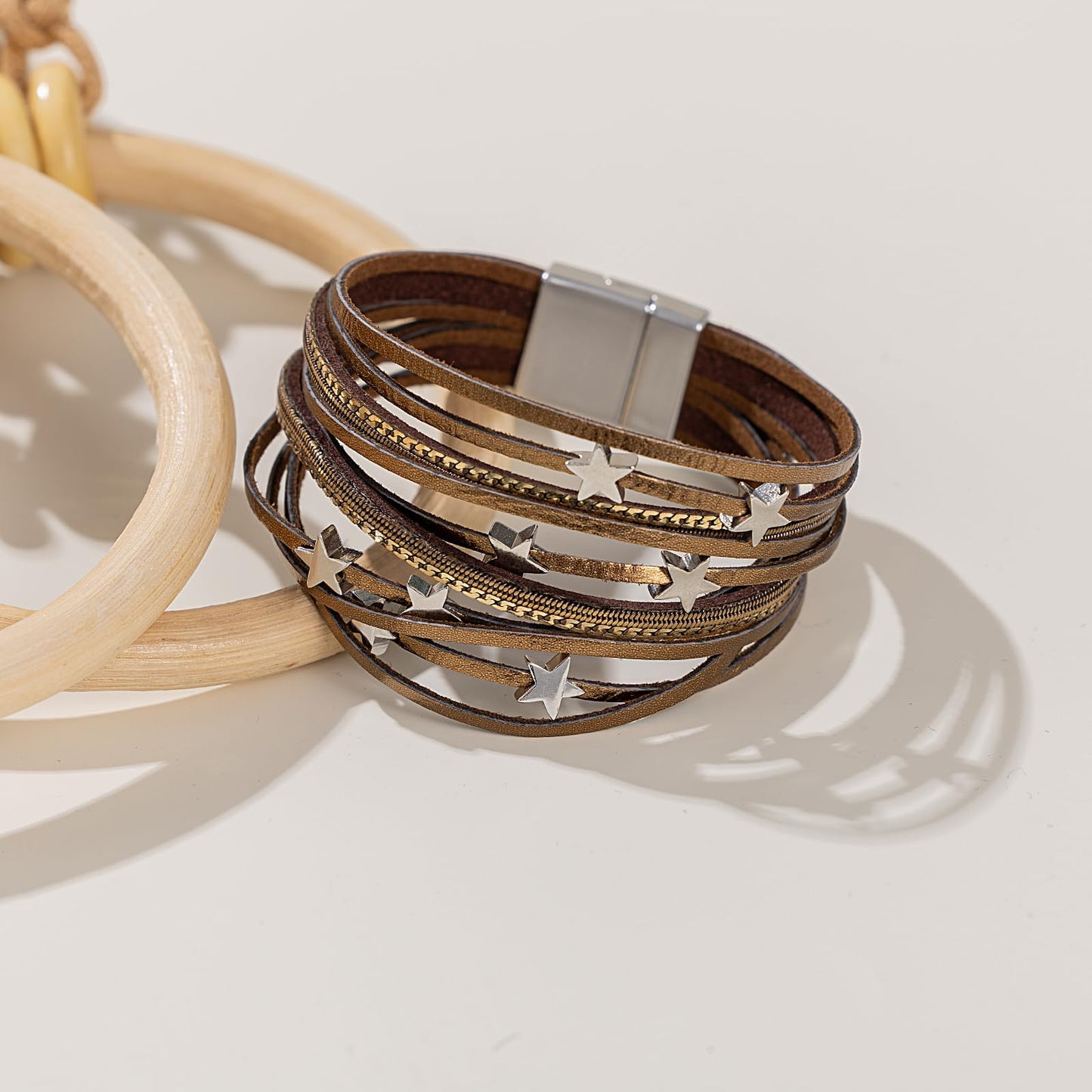 FANCY SHINY Leather Wrap Star Bracelet Boho Bangle Bracelets for Women Trendy Stackable Cute Star Bracelet with Magnetic Clasp(Bronze)