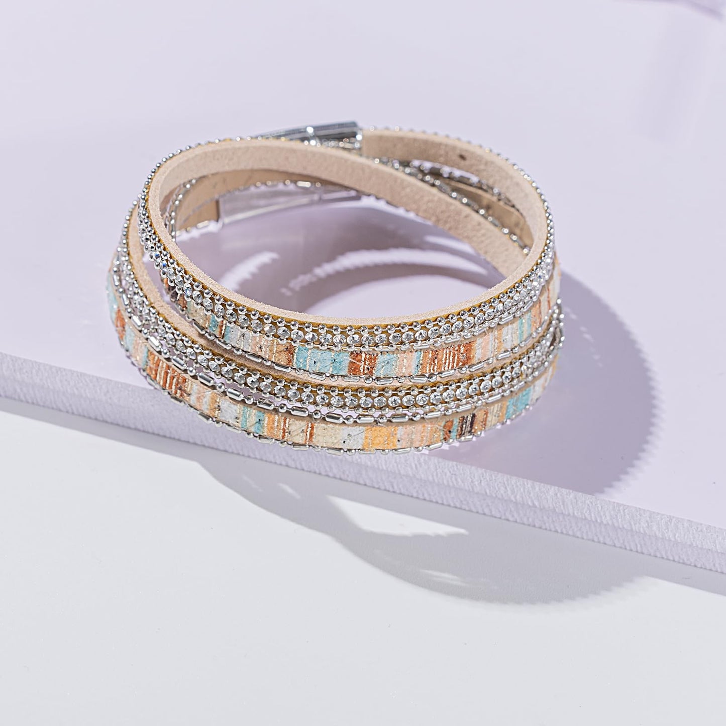 FANCY SHINY Boho Leather Wrap Bracelet Stackable Crystal Rhinestone Bangle Cuff with Magnetic Clasp Trendy Bohemian Jewelry for Women(Beige)