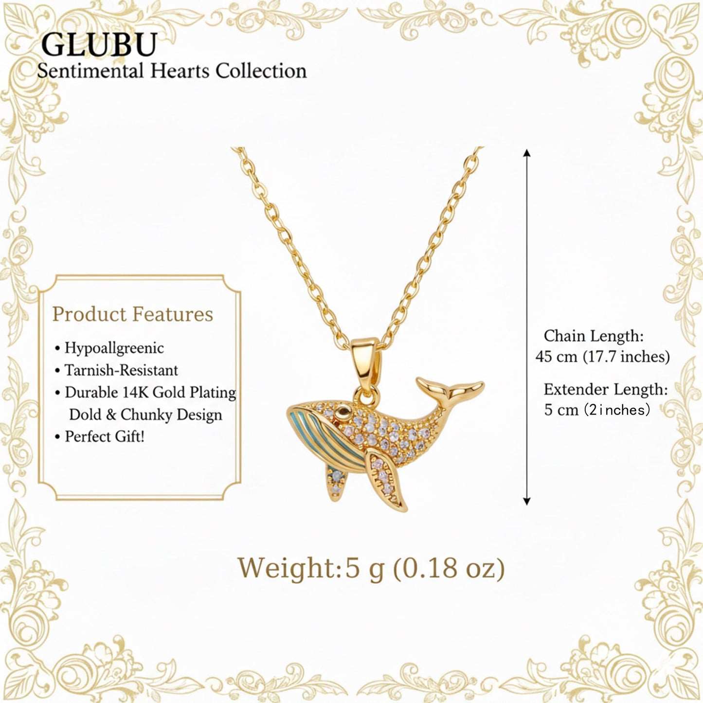 GLUBU Gold Whale Necklace for Women - Sparkling Sea Life Pendant with Blue Enamel, Dainty Ocean Jewelry with My Vibe My Choice Self-Love Message Card, Beach Nautical