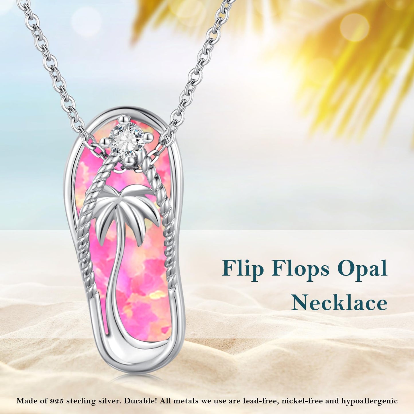 Midir&Etain Flip Flop Necklace 925 Sterling Silver Beach Palm Tree Pendant Hawaiian Pink Opal Necklace Flip-Flop Opal Beachy Jewelry for Women Prime
