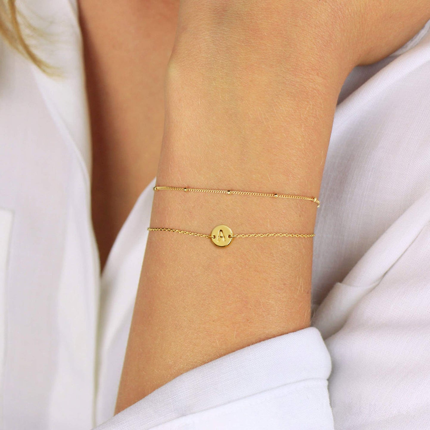MONOZO Gold Initial Bracelets for Women, Dainty 14K-gold-plated Layered Beaded D Letter Initial Bracelet Personalized Alphabet Disc Monogram Charm Bracelet Jewelry Gifts