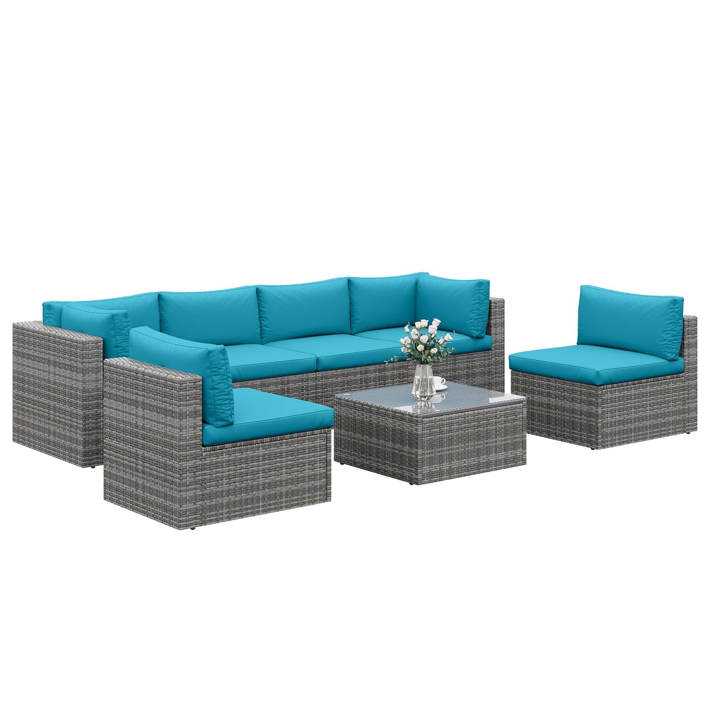Wisteria Lane 7 Pieces Outdoor Patio Furniture Set, Wicker Outdoor Patio Sectional Sofas with Coffee Table, All-Weather Patio Conversation Set for Garden Backyard, Light Blue