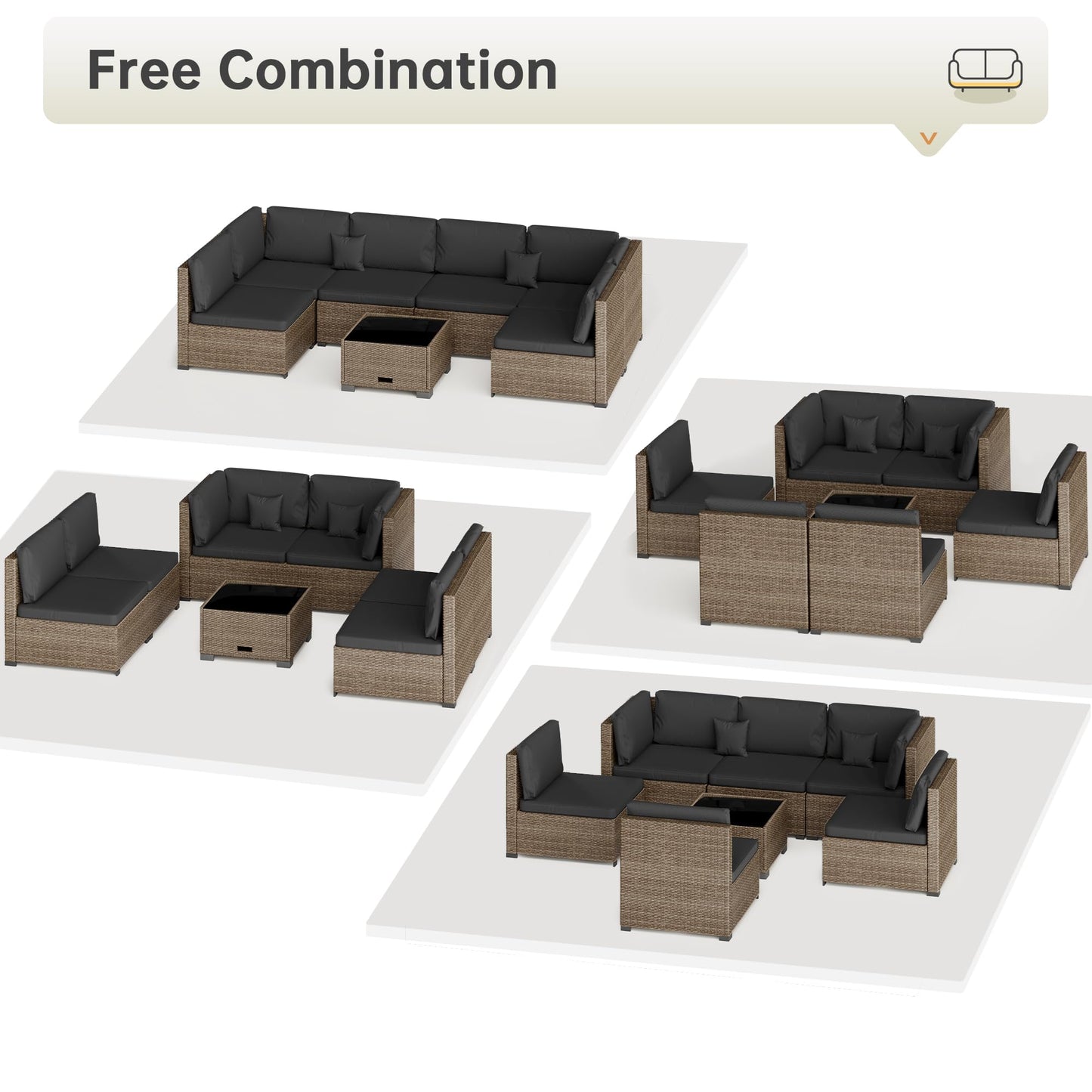 LHBcraft 7 Piece Patio Outdoor Furniture Set, Outdoor Sectional, All-Weather Manual Weaving PE Rattan Wicker Patio Sectional Sofa, Rattan Outside Furniture with Black Cushion and Glass Coffee Table