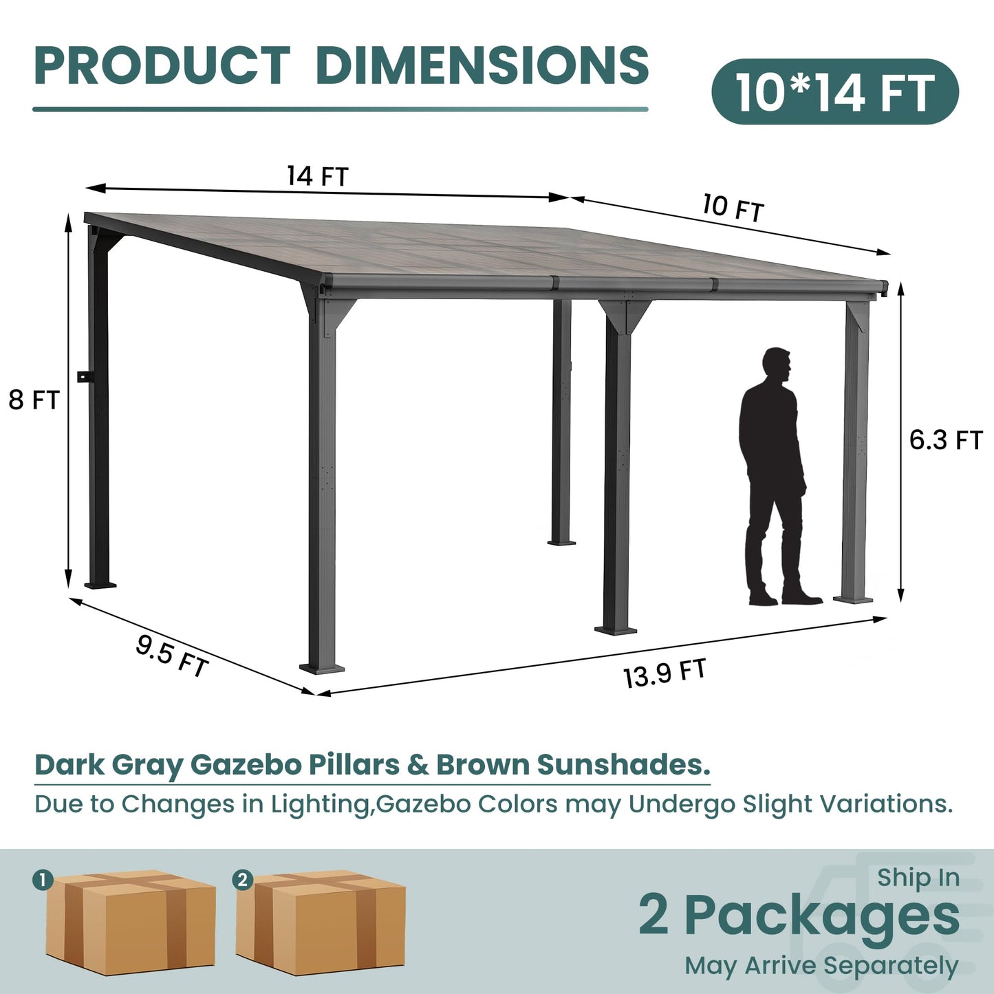Patiopia 10 * 14FT Pergola,4 * 6 Inch Thickened Pillars & Enlarged Base,Outdoor Hardtop Lean to Gazebo,Wall Mounted Pergola,Pergolas Gazebos Clearance,Aluminum Frame Pergola,UV Resistant Patio Roof