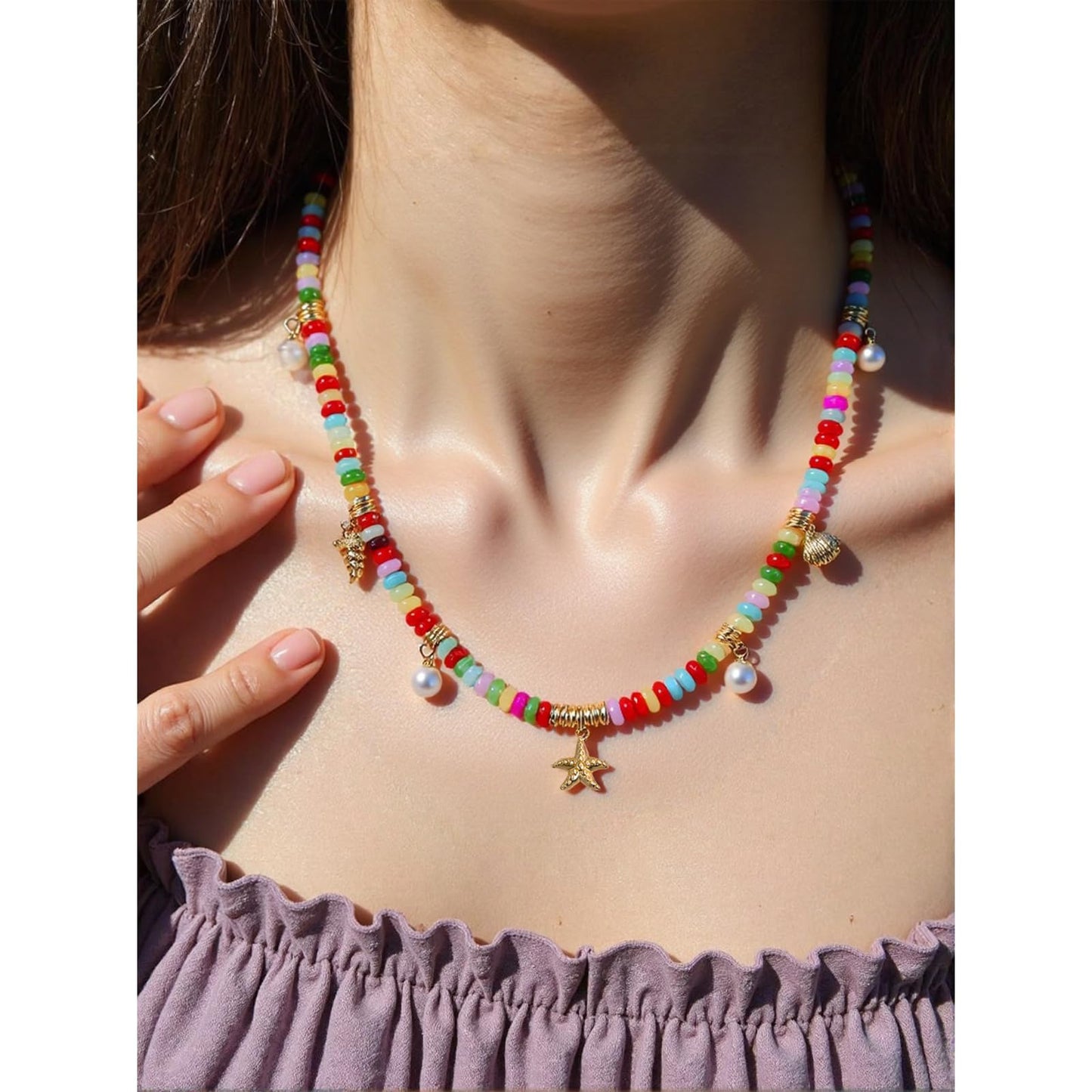 Charm Necklace for Women Colorful Beaded Gemstone Choker 14K Gold Beach Seashell Pearl Pendant Necklace Natural Stone Handmade Jewelry Gift