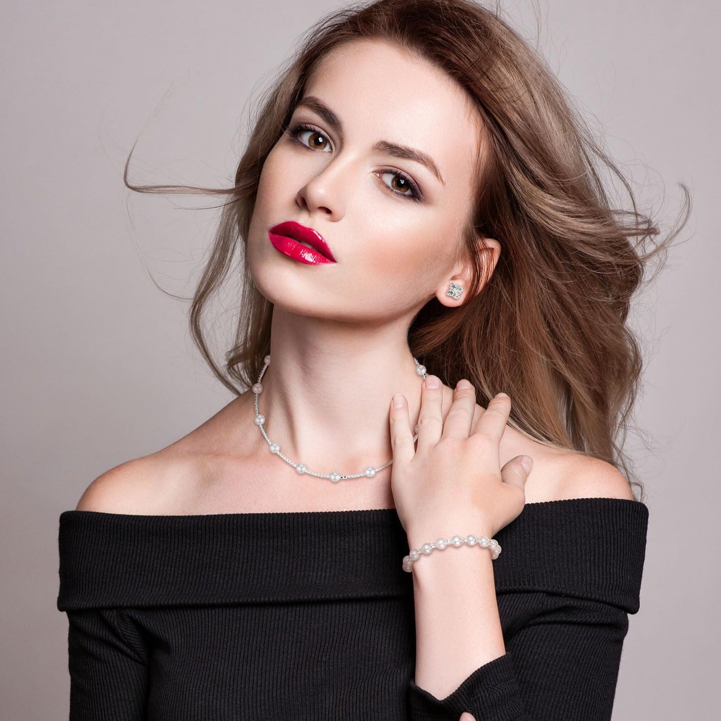 Glenmal Pearl Rhinestone Jewelry Set for Women Pearl Necklace Bracelet Earrings for Wedding Birthday Bridal Shower Tea Party(Cute Style)
