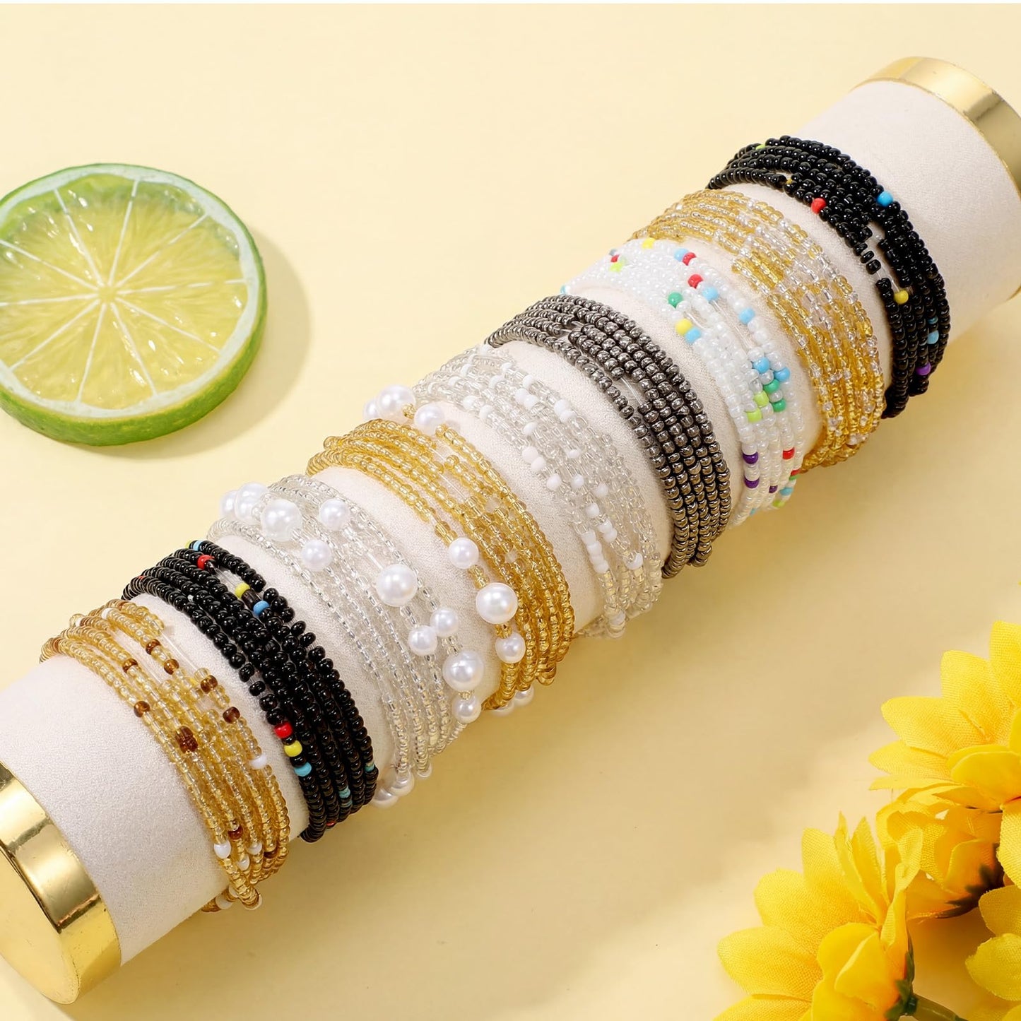 9Pcs Belly Beads for the Waist - Stretchy African Waist Beads for Weight Loss For Bikini Beach Summer - Gold White Black Belly Chain
